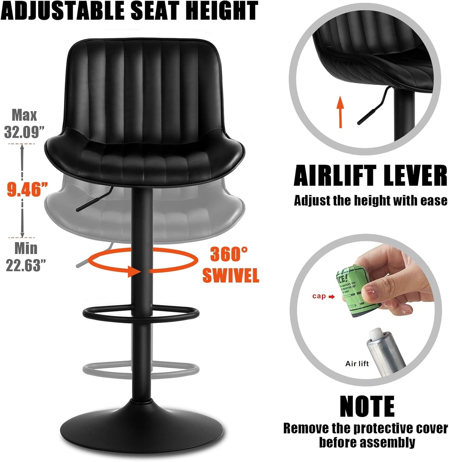 YOUNIKE Black Bar Stools Set of 2 Kitchen Counter Height Barstools Upholstered Swivel Modern Faux Leather Bar Chairs with Backs Adjustable High Breakfast Island Stool with Metal Leg