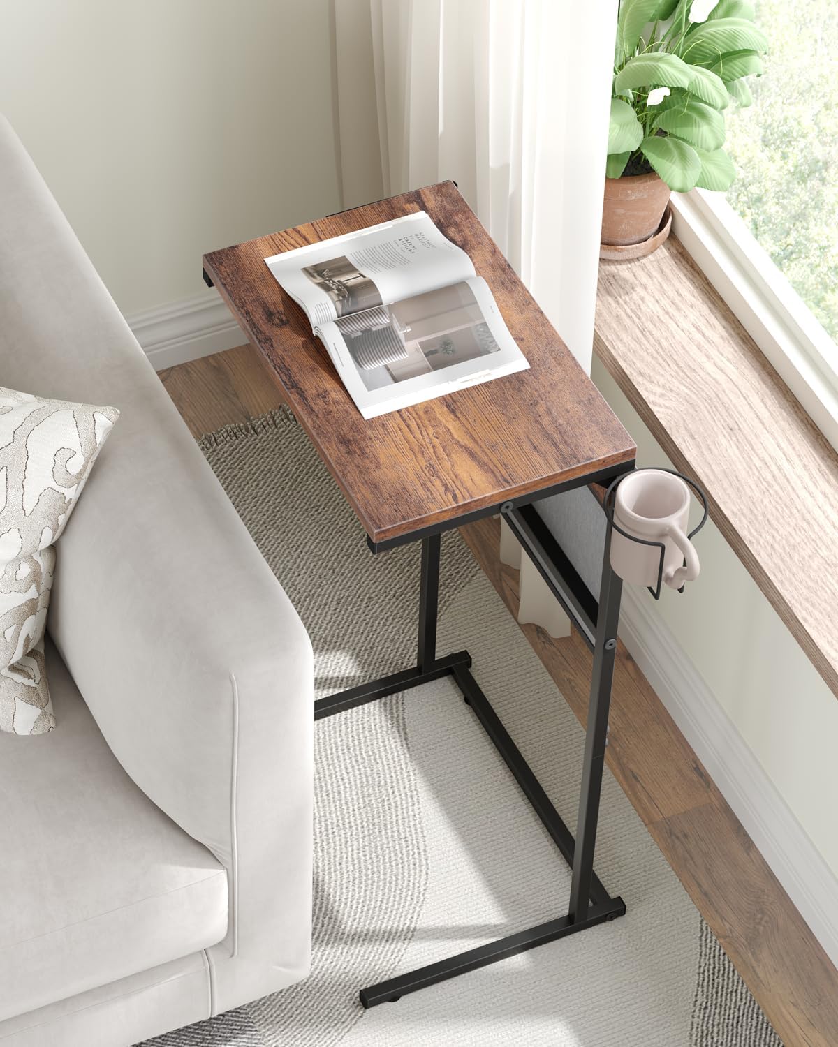 C Shaped End Table with Charging Station, Small TV Tray with Cup Holder and Phone Holder, Couch Side Tables that Slide Under with Storage Bag for Sofa, Recliner, Rustic Brown