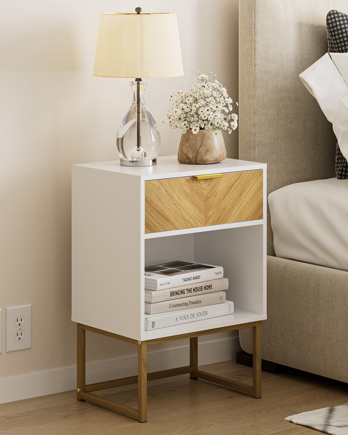 Masupu Nightstand,Modern Night Stand Boho Farmhouse Wood Bedside Table with Storage Drawer Side End Table for Bedroom,Living Room,Office,White