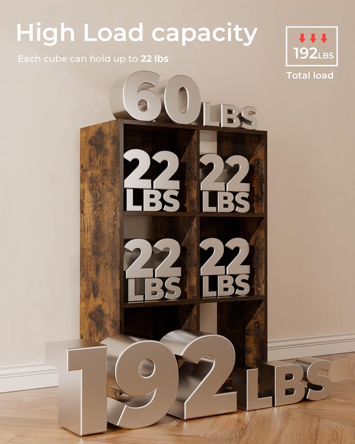 GTPLAYER 6-Cube Storage Organizer, Fits 11" Bins, Vertical or Horizontal Use, Opening Bookshelf, Partial Back Panels, Stackable Design Bookcase, for Closet, Bedroom, Home Office, Rustic Brown