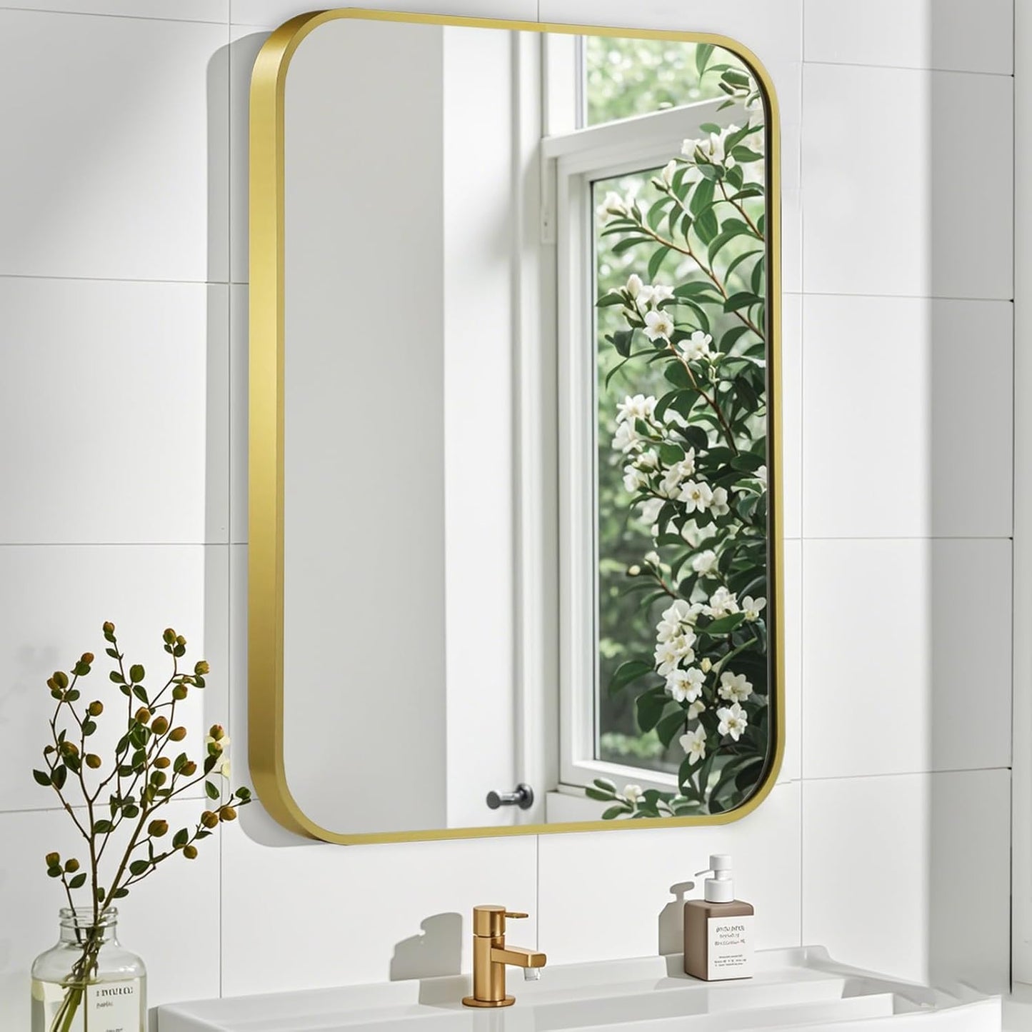 Matte Gold Mirror, 16x24 Inch Brushed Gold Mirror, Aluminum Alloy Framed Vanity Mirror, Rounded Rectangle Bathroom Mirror for Over Sink, Anti-Rust Wall Mirror (Horizontally or Vertically)
