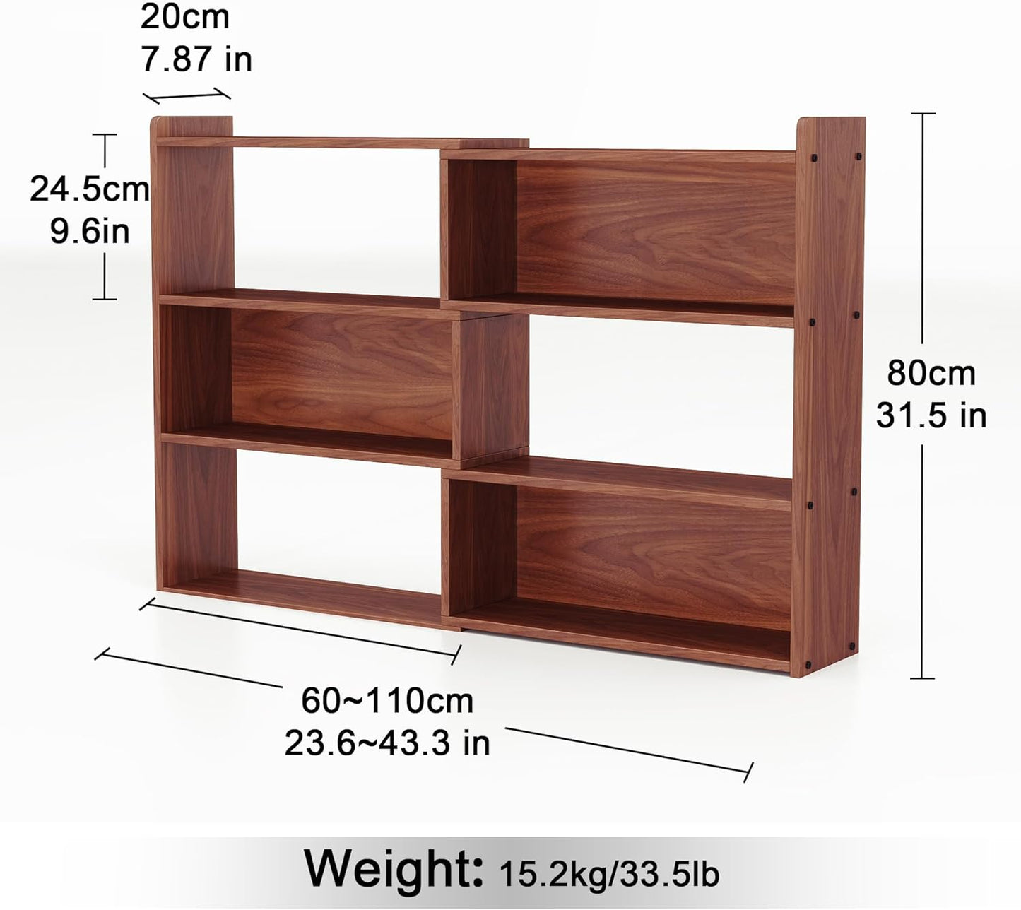 Open Shelf Low Bookcase,Wooden 4-Tier Floor Standing Expandable 25-47 inch Wide Bookcase,with Side Panels Frame for Home and Office (Walnut)