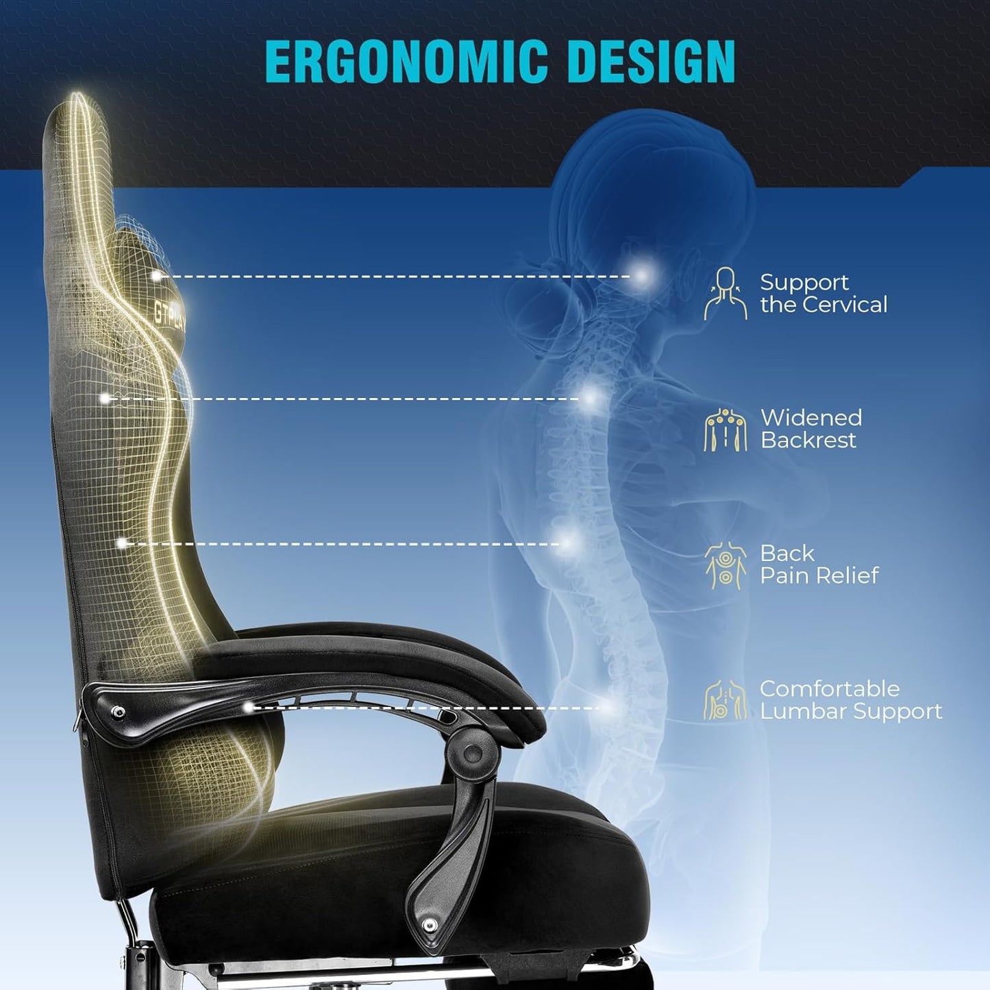 GTPLAYER Gaming Chair Fabric with Pocket Spring Cushion, Big and Tall Gamings Chairs 350LBS High Back Computer Chair with Footrest for Adults Lumbar Support Swivel Game Chair for Office Dark Black