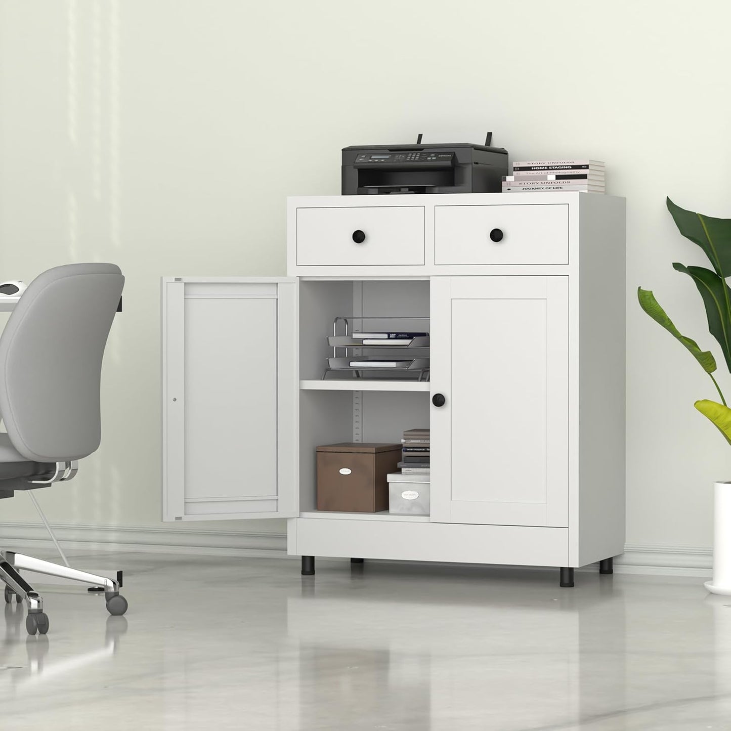 Metal Storage Cabinet with 2 Drawers and Adjustable Shelf, Sideboard Buffet Cabinet for Home, Office, Hallway, Entryway, Living Room, Kitchen Pantry and Dining Room (34.8" H, with Feet, White)