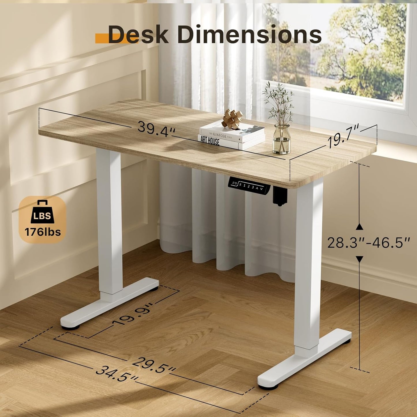 JOY worker Small Electric Standing Desk, 40" x 20" Whole Piece Height Adjustable Table with Memory Controller, Sit to Stand Desk Workstation for Home Office, Light Walnut