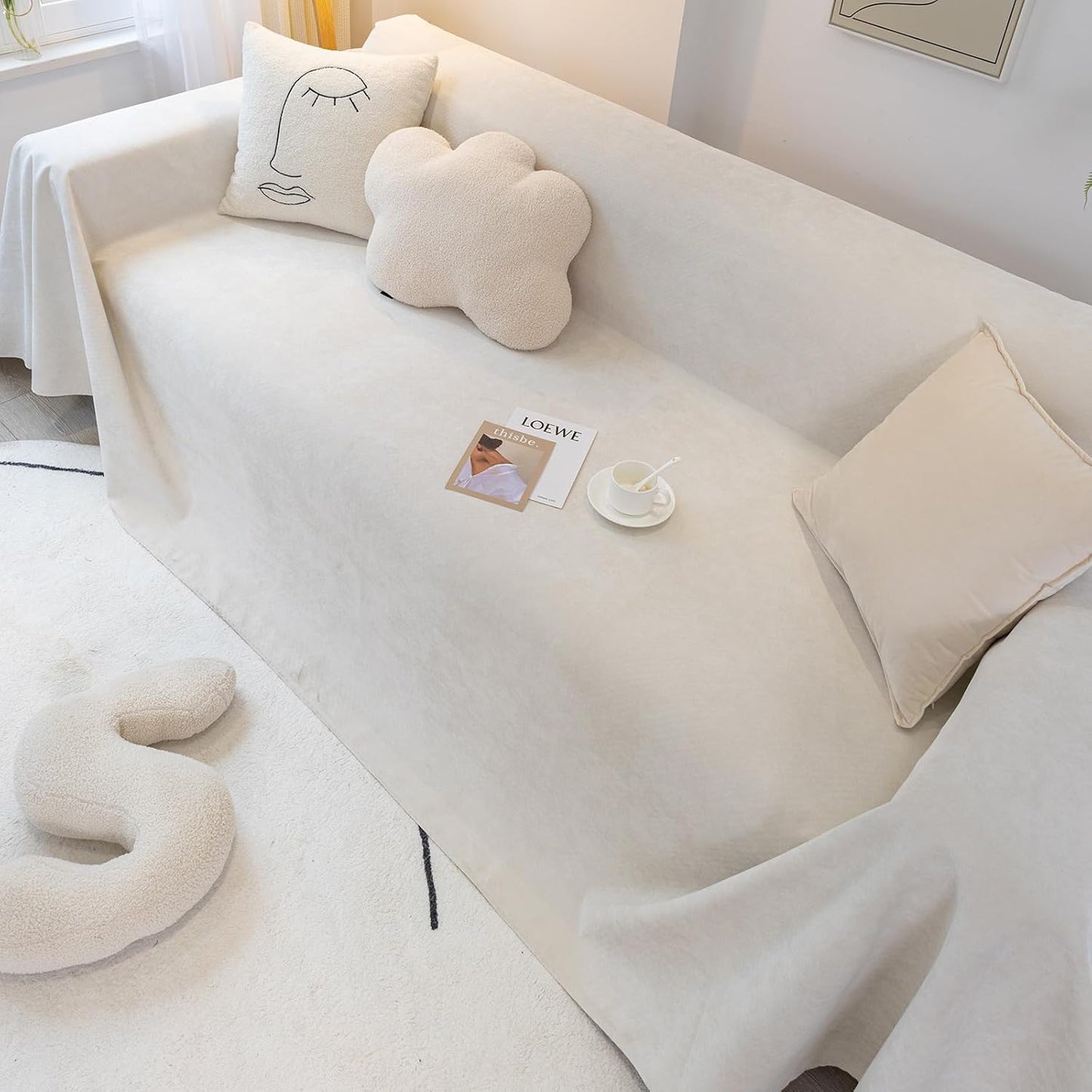 STACYPIK Waterproof Ivory White Sofa Covers Couch Cover for Pets, Anti-Cat Scratch Furniture Protector or 2 Cushion Couch, Washable Jacquard Recliner Loveseat Sofa Slipcover for Pets, Kids-71X102IN