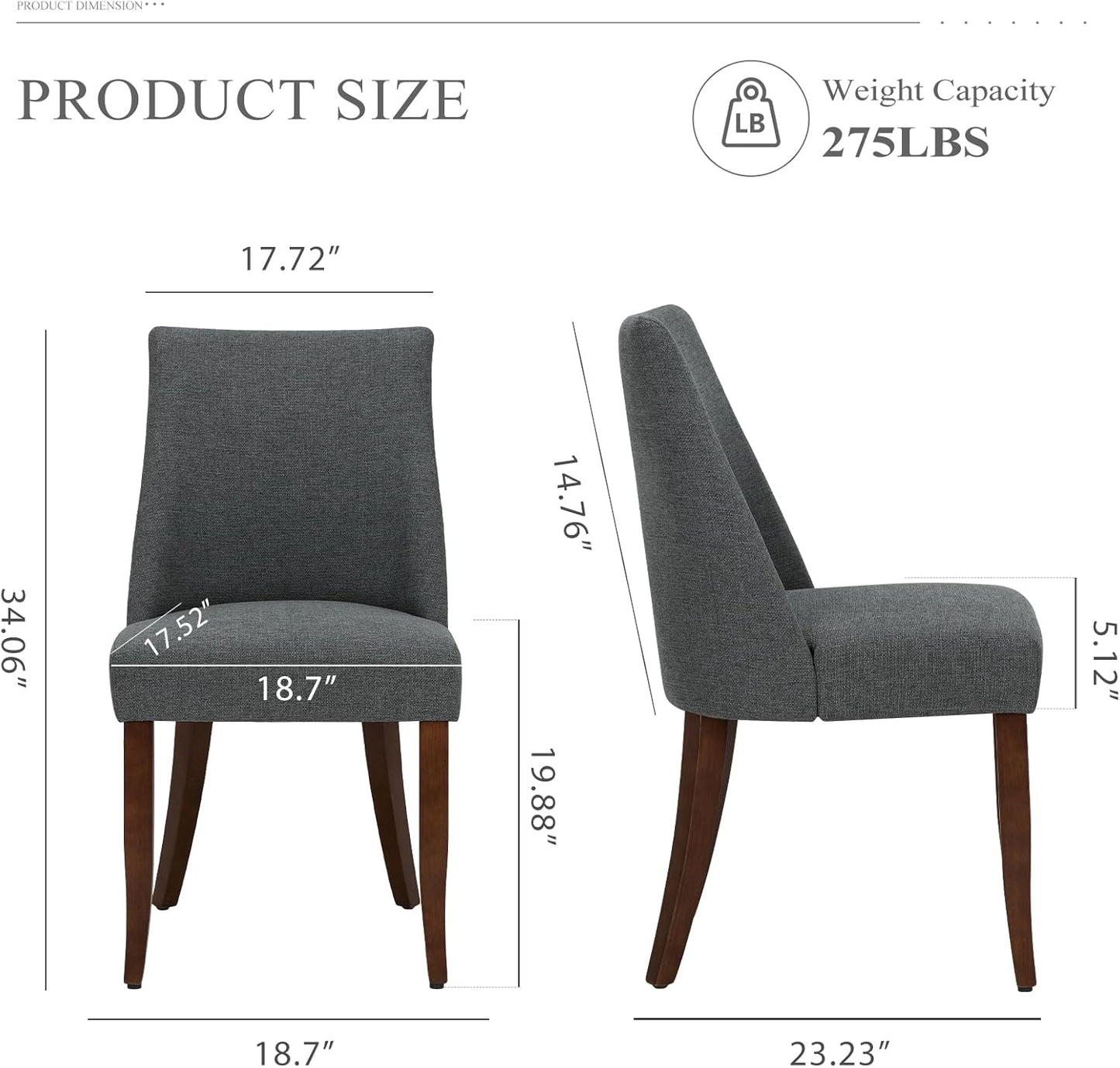 COLAMY Upholstered Dining Chairs Set of 2, Mid Century Modern Kitchen Chairs with Back, Farmhouse Fabric Side Dining Room Chairs with Wood Legs for Dining Room Restaurant, Dark Grey