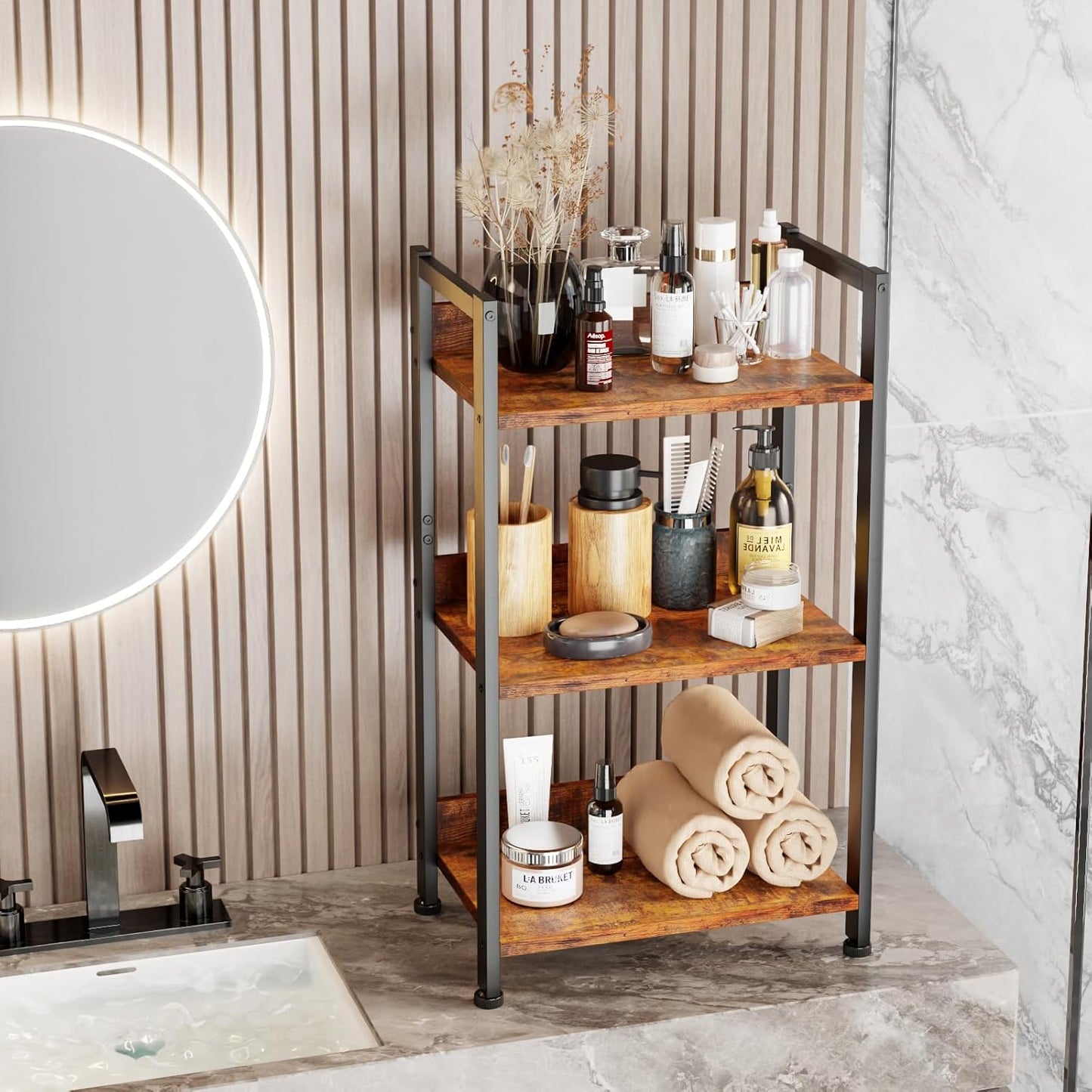 Furologee 3 Tier Bookshelf with Drawer, Small Bookcase with Shelves, Short Wood and Metal Bookshelf Storage Organizer, Industrial Freestanding Shelf Units for Bedroom, Living Room, Dorm, Rustic Brown