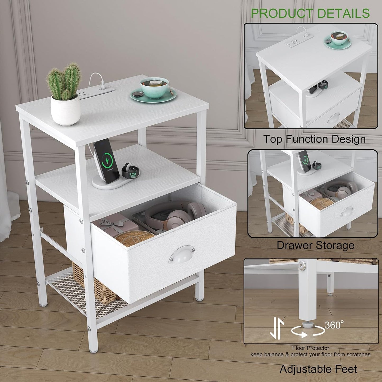 Nightstands Set of 2, Night Stands with Charging Station and Fabric Drawer PU Finish, Bedside Tables with Storage, 3 Tier Side Table with Open Shelf, Nightstands with Charging Station,White