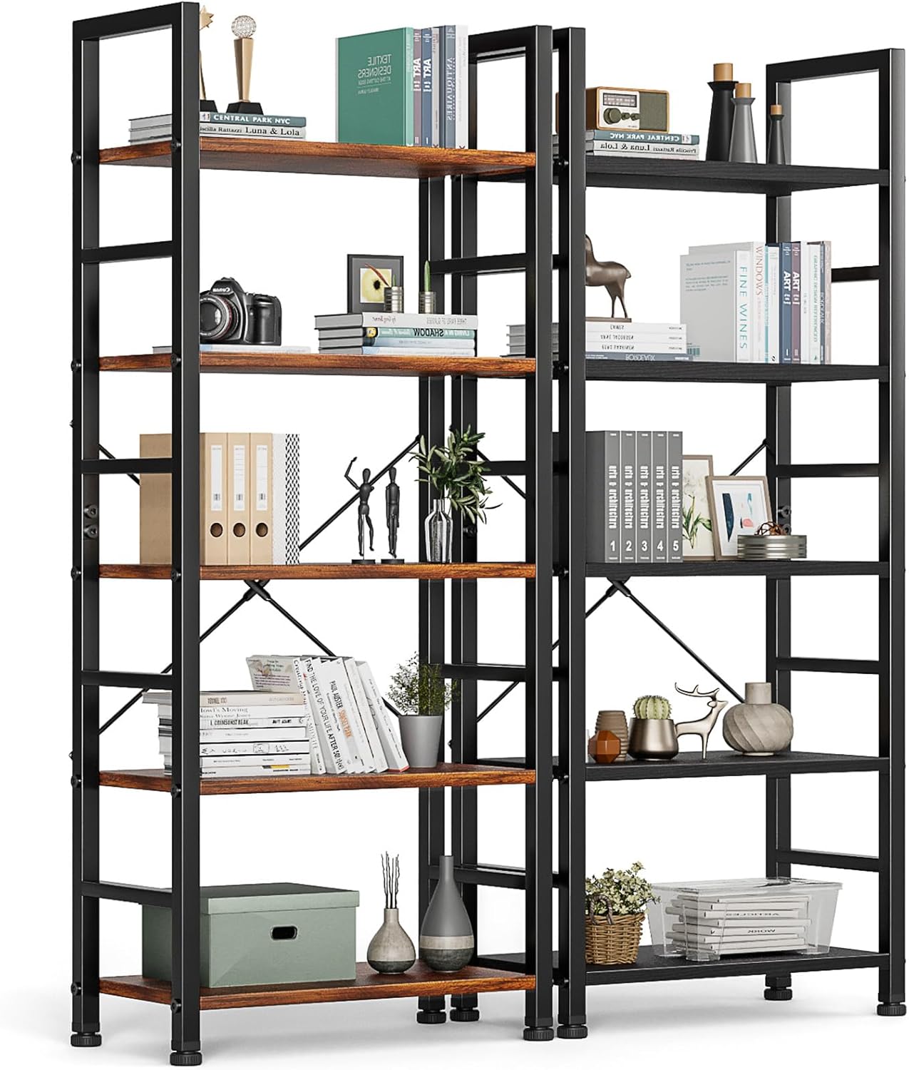 DUMOS 5-Tier Book Shelf Tall Modern Bookcase Set of 2 for Books, CDs, Movies, Storage and Organization Bookshelf Industrial Home Decor for Bedroom Office Kitchen Living Room, Black & Brown