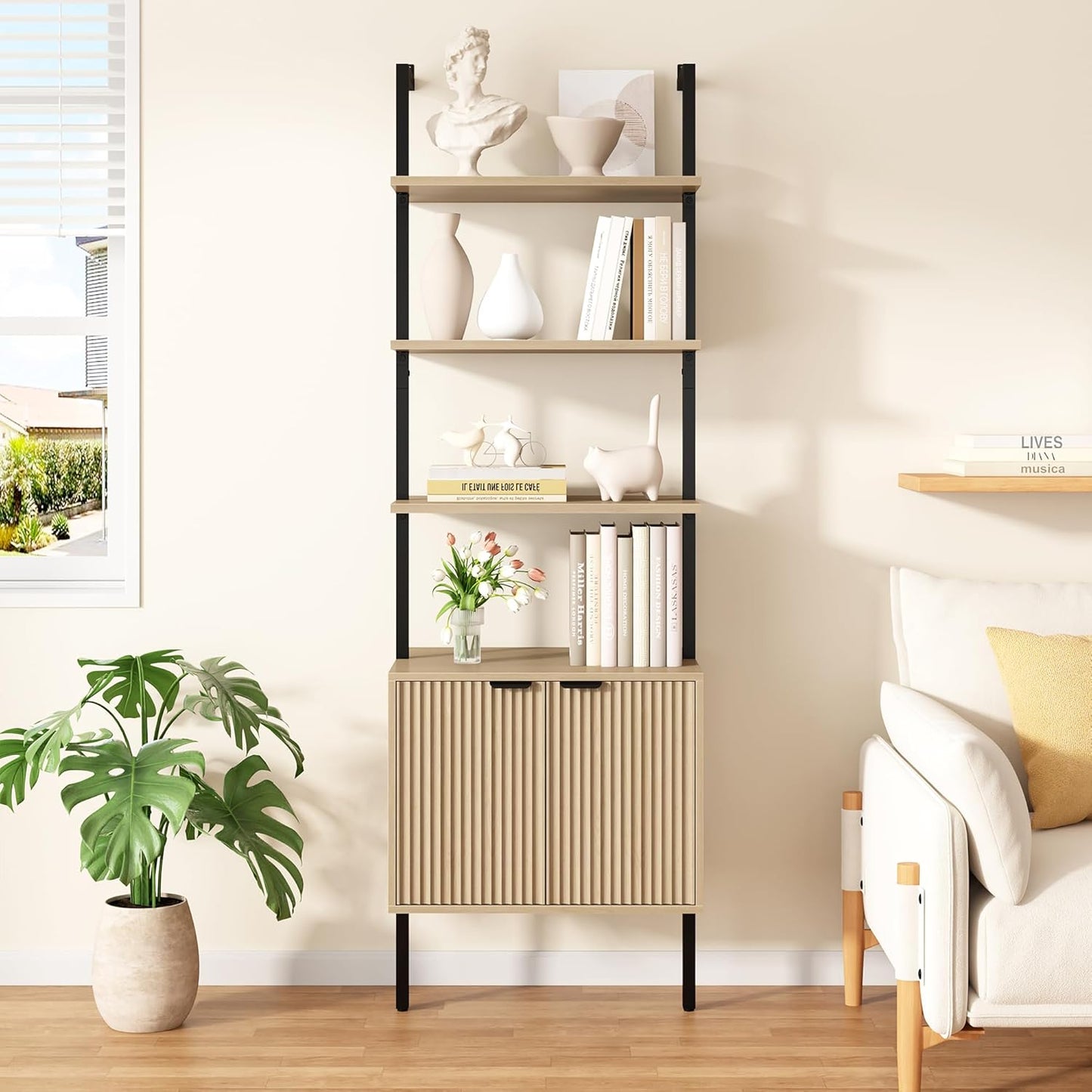 Yusong 73" Tall Bookshelf with Cabinet, Industrial Ladder Wall Mount Shelf Bookcase with Wood and Metal Frame, Plant Shelf Wall Storage Display for Living Room Bedroom, Wavy Light Ivory