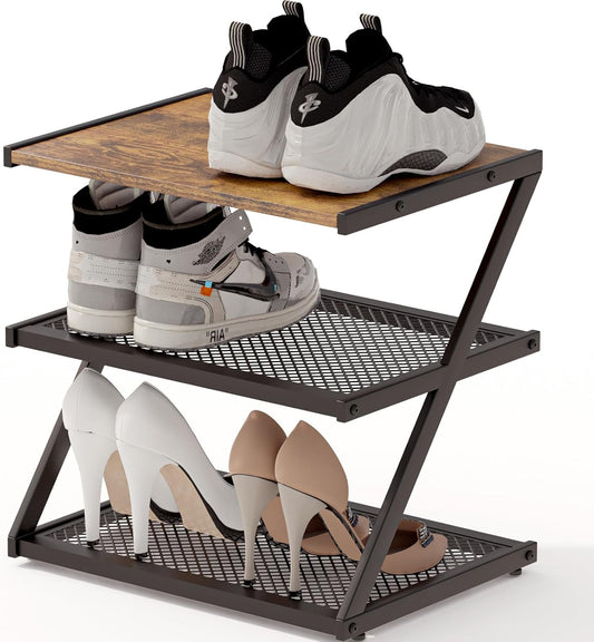 Shoe Rack, Z-Frame Wooden Shoe Shelf with Heavy-Duty Metal Mesh Shelves for Hallway, Living Room, Closet, and Bedroom Organization - Organize Your Shoes in Style (16.54" x 10.24" x 16.14")