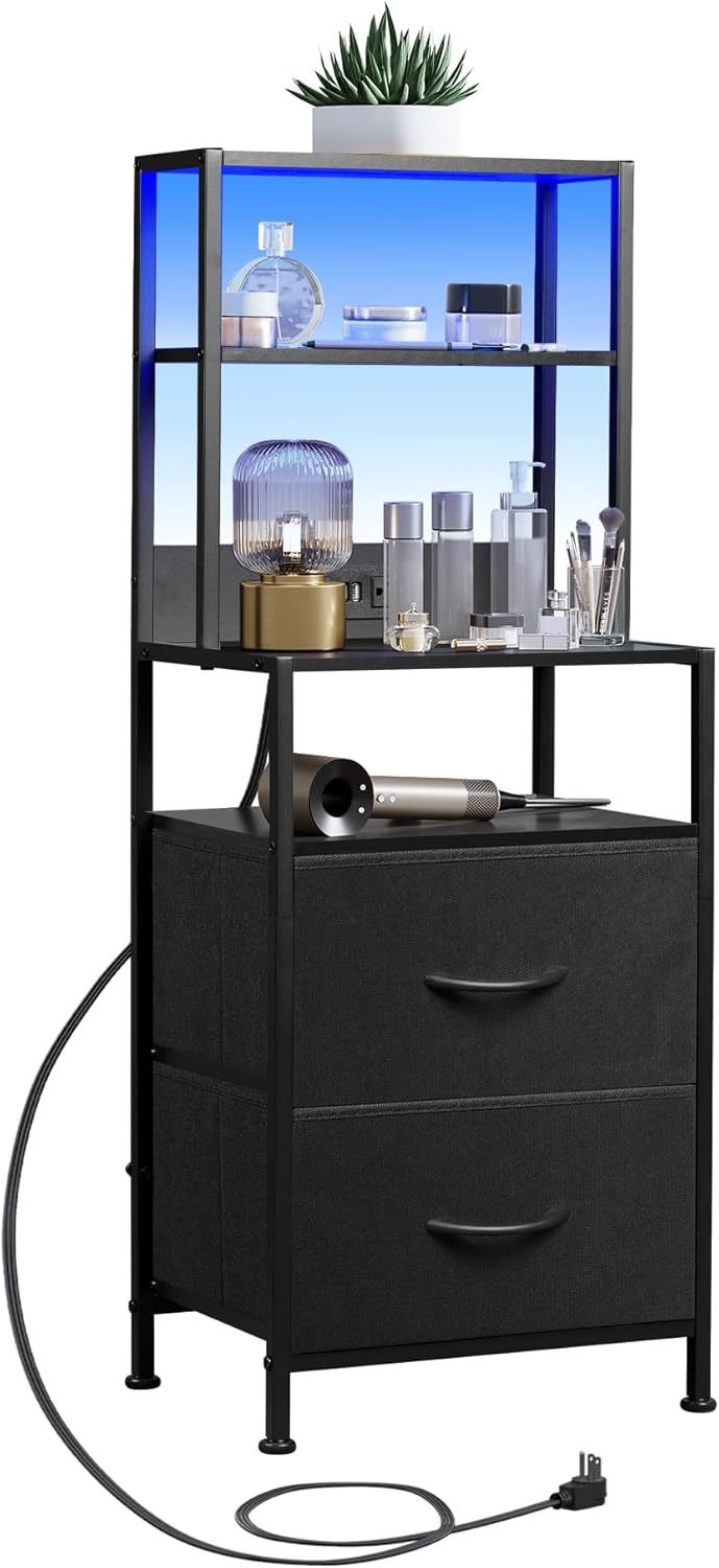 WLIVE Nightstand with Charging Station, LED Night Stand with 2 Drawers and 4 Storage Open Shelves, Fabric Dresser for Bedroom, Black