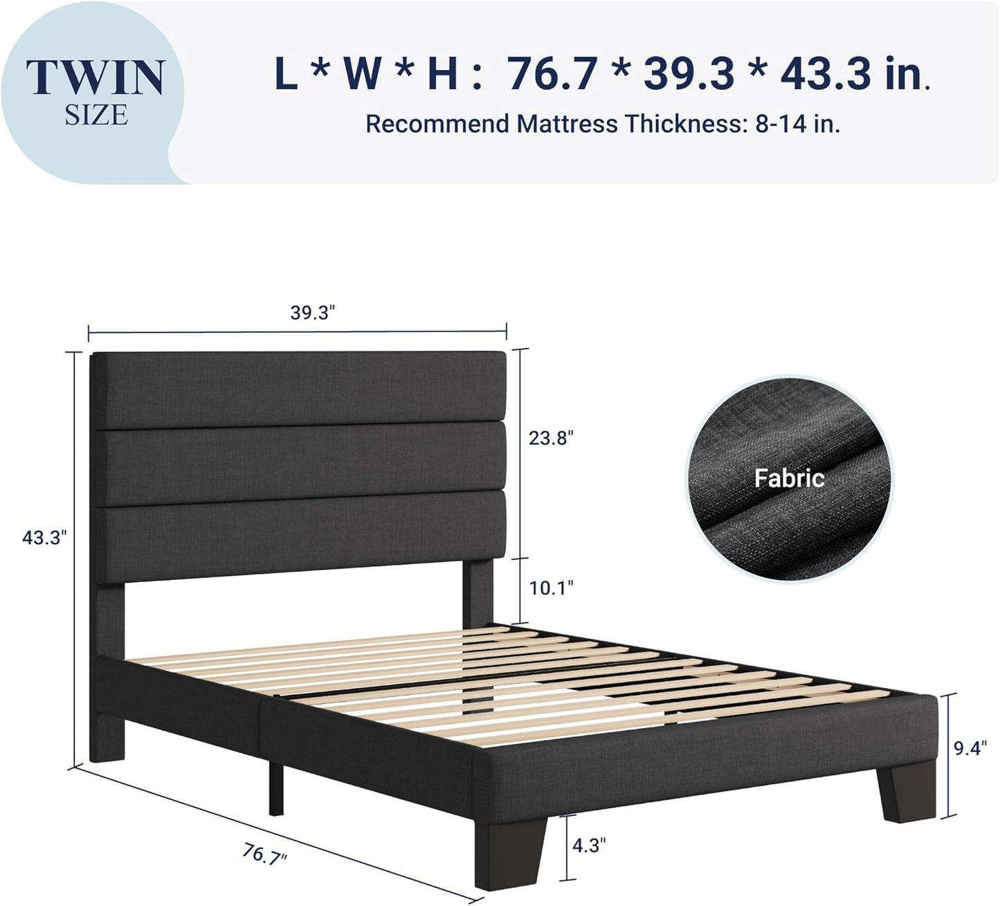 Allewie Twin Size Platform Bed Frame with Fabric Upholstered Headboard and Wooden Slats Support, Fully Upholstered Mattress Foundation/No Box Spring Needed/Easy Assembly, Dark Grey