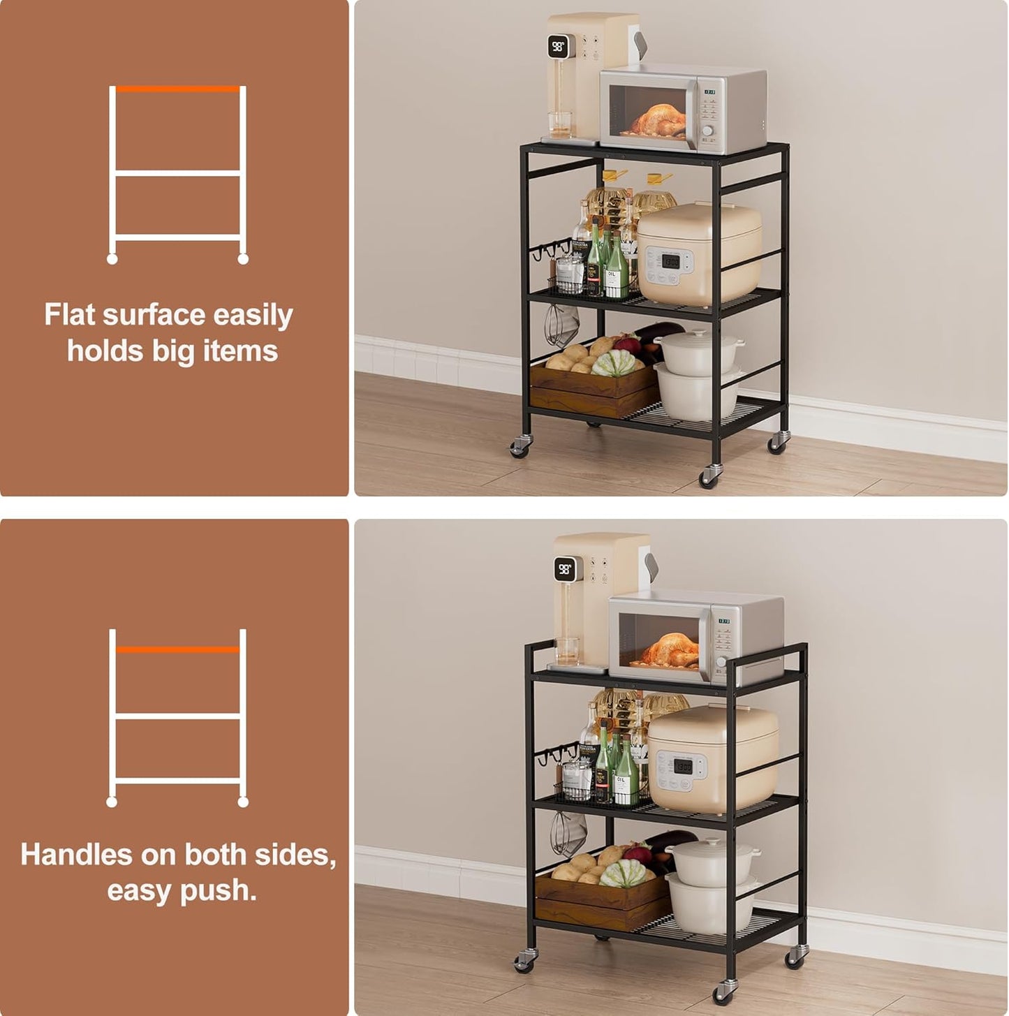 3-Tier Kitchen Cart with Adjustable Shelves - Microwave Storage Cart & Utility Rolling Organizer, Industrial Wheels for Small Spaces, 15.7"x23.6"x33.7" Black Panel and Black Frame
