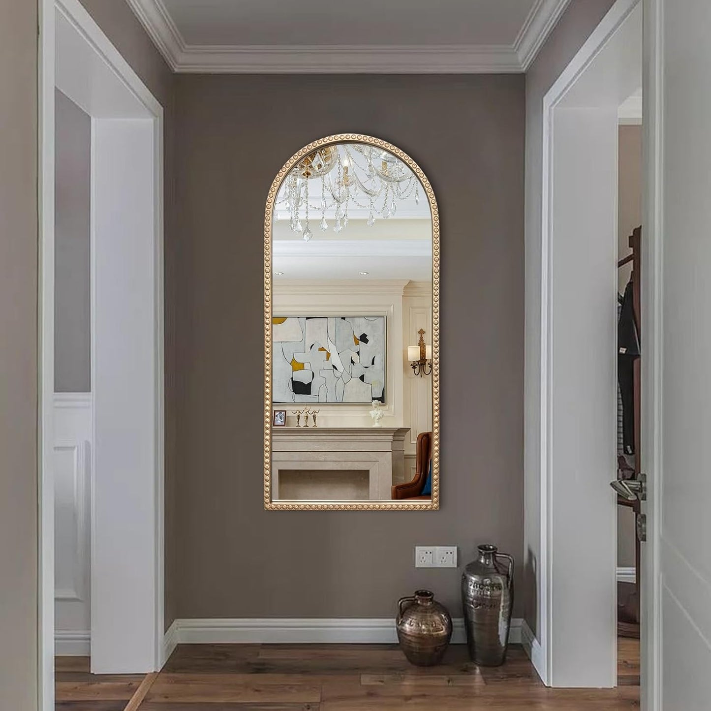 Gold Arched Mirror, 22"x47" Arch Vanity Mirrors for Bathroom, Decorative Accent Mirror with Metal Beaded Frame, Large Vintage Mirrors for Fireplace Bedroom Entryway Hallway Living Room