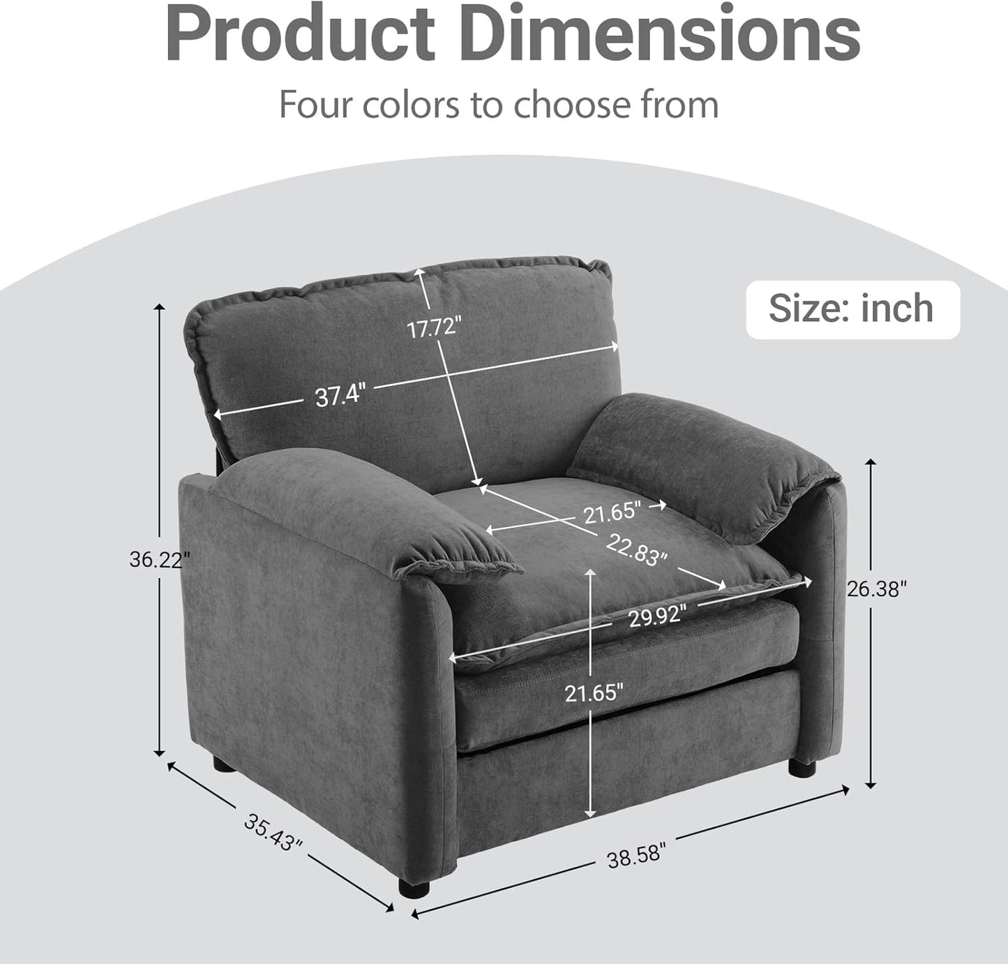 Ball & Cast 38" Oversized Chenille Lounge Chair,Reading Armchair with Thick Comfort Cushions,High Back Support & Wide Seat,Perfect Accent Chair for Modern Living Room,Bedroom,Grey