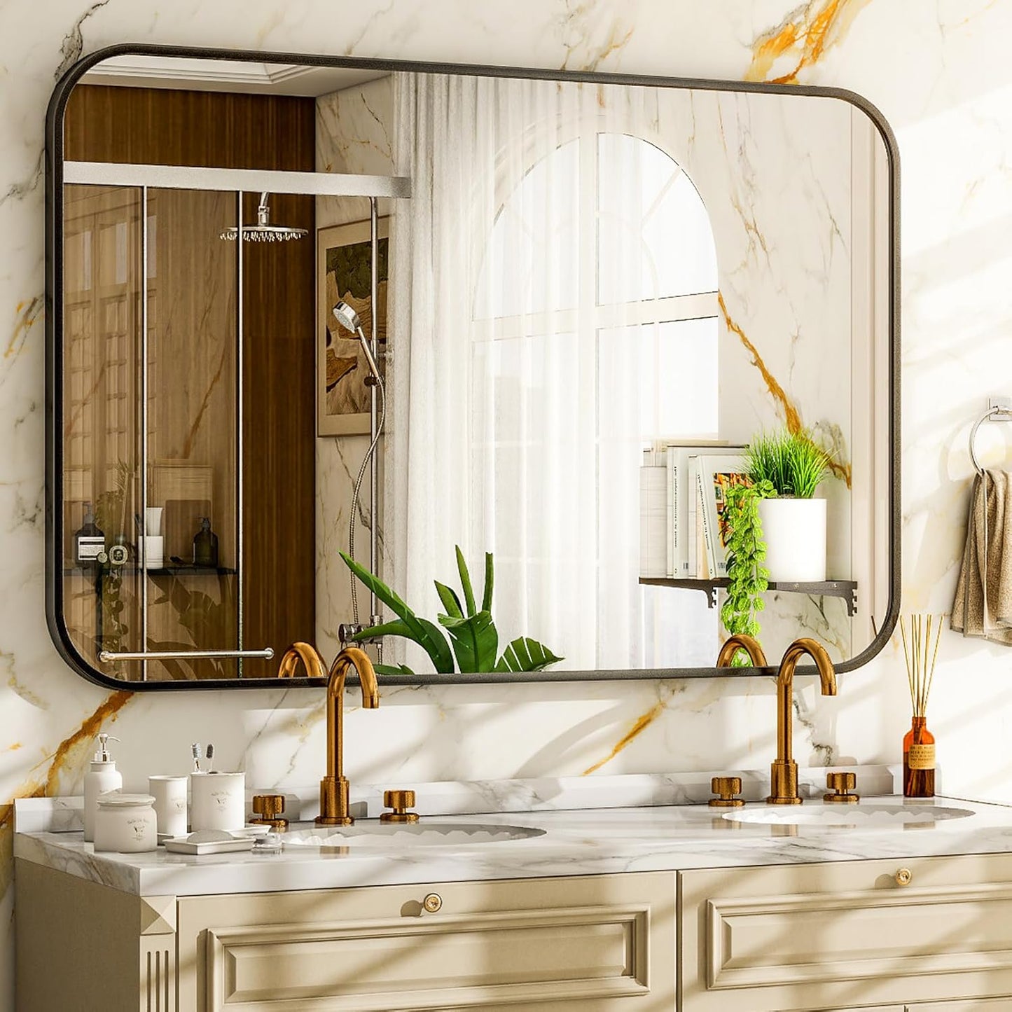 30 x 40 Inch Bathroom Mirror, Rounded Rectangular Vanity Mirror for Wall, Modern Mirror for Room Decor, Black Framed Wall-Mounted Mirrors for Home Decor, Hangs Horizontally or Vertically