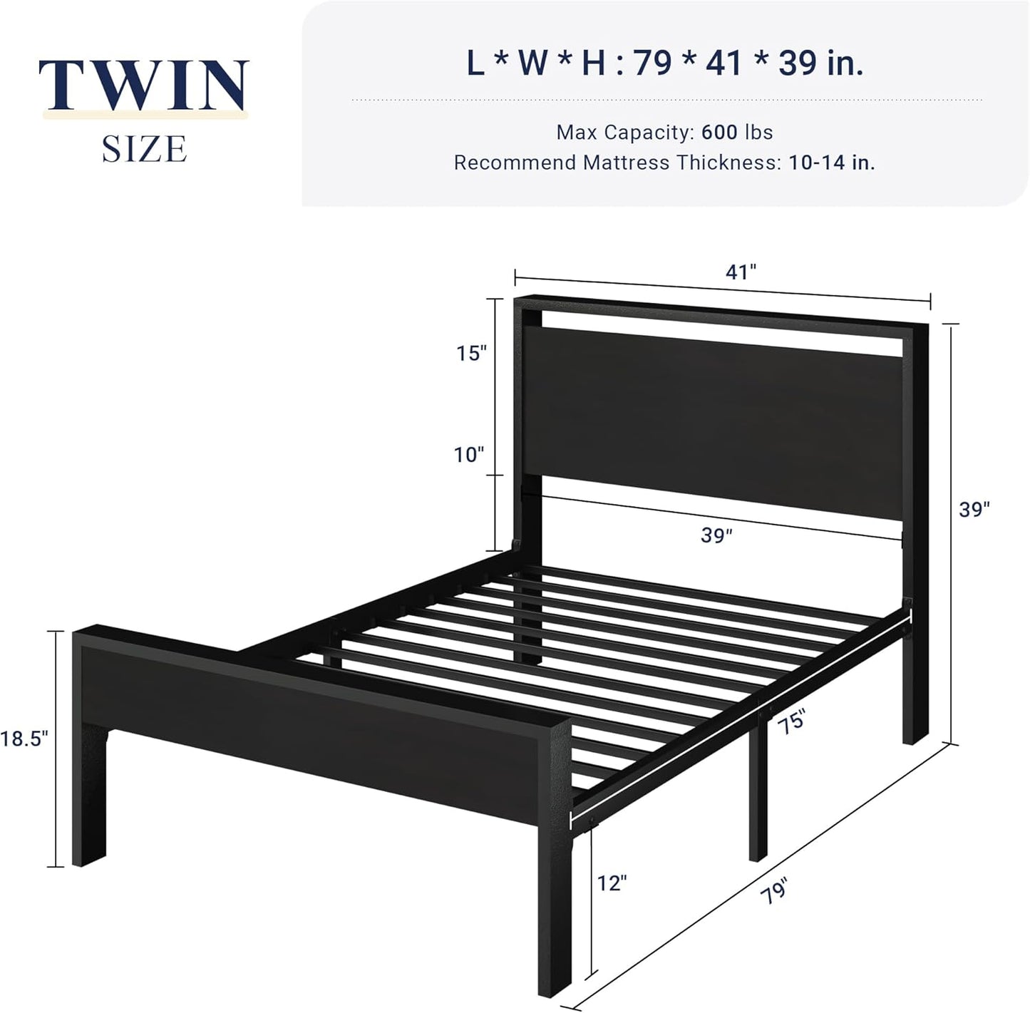 Allewie Twin Size Platform Bed Frame with Wooden Headboard and Footboard, Heavy Duty Metal Slats Support, No Box Spring Needed, Under-Bed Storage, Noise Free, Easy Assembly, Black Oak