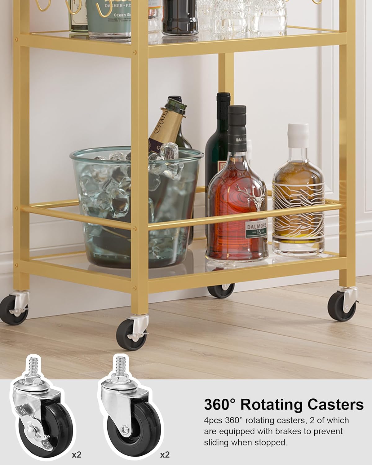 TUTOTAK Bar Cart, Home Bar Serving Cart with 3-Tier Mirrored Shelf, Drink Cart, Mobile Kitchen Shelf with Wine Rack, Gold BC01BB033