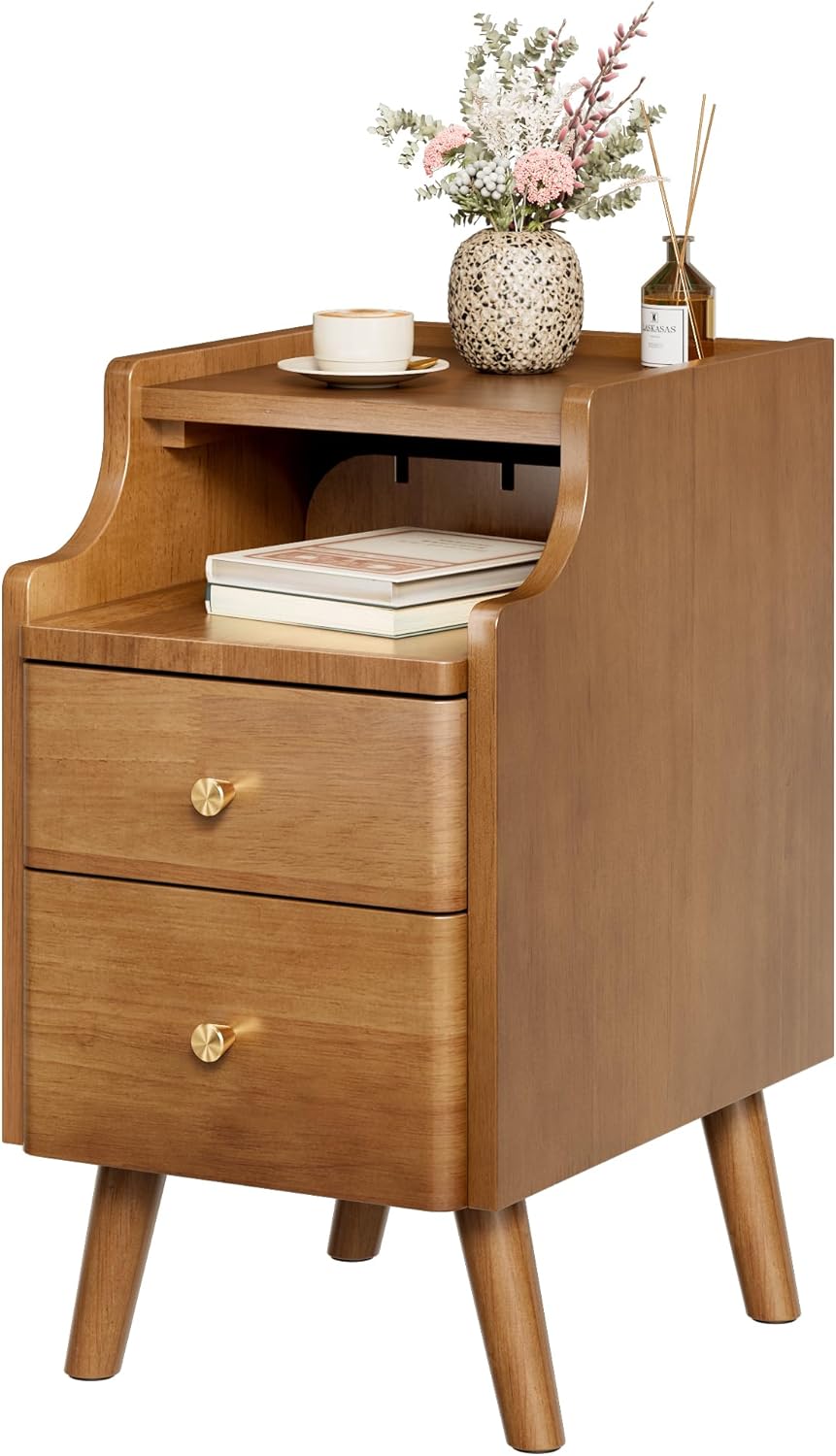 Narrow Nightstand, Solid Wood Night Stand with 2 Drawers, Walnut Mid Century Modern Nightstand, Small Beside Table with Open Storage Shelf for Bedroom（12 inch