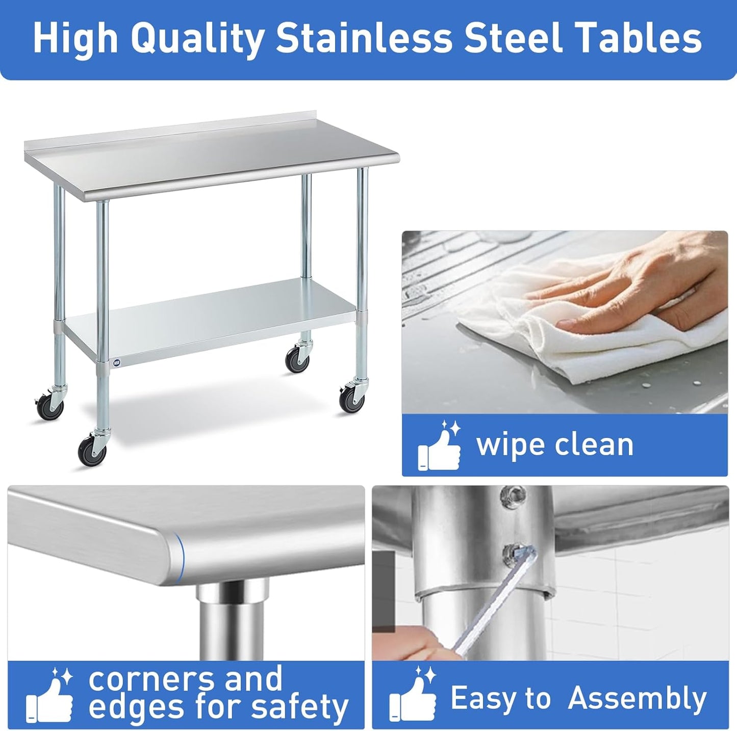Stainless Steel Table for Prep & Work with Backsplash and Caster 30x48 Inches, NSF Metal Commercial Kitchen Table with Adjustable Under Shelf and Table Foot for Restaurant, Home and Hotel