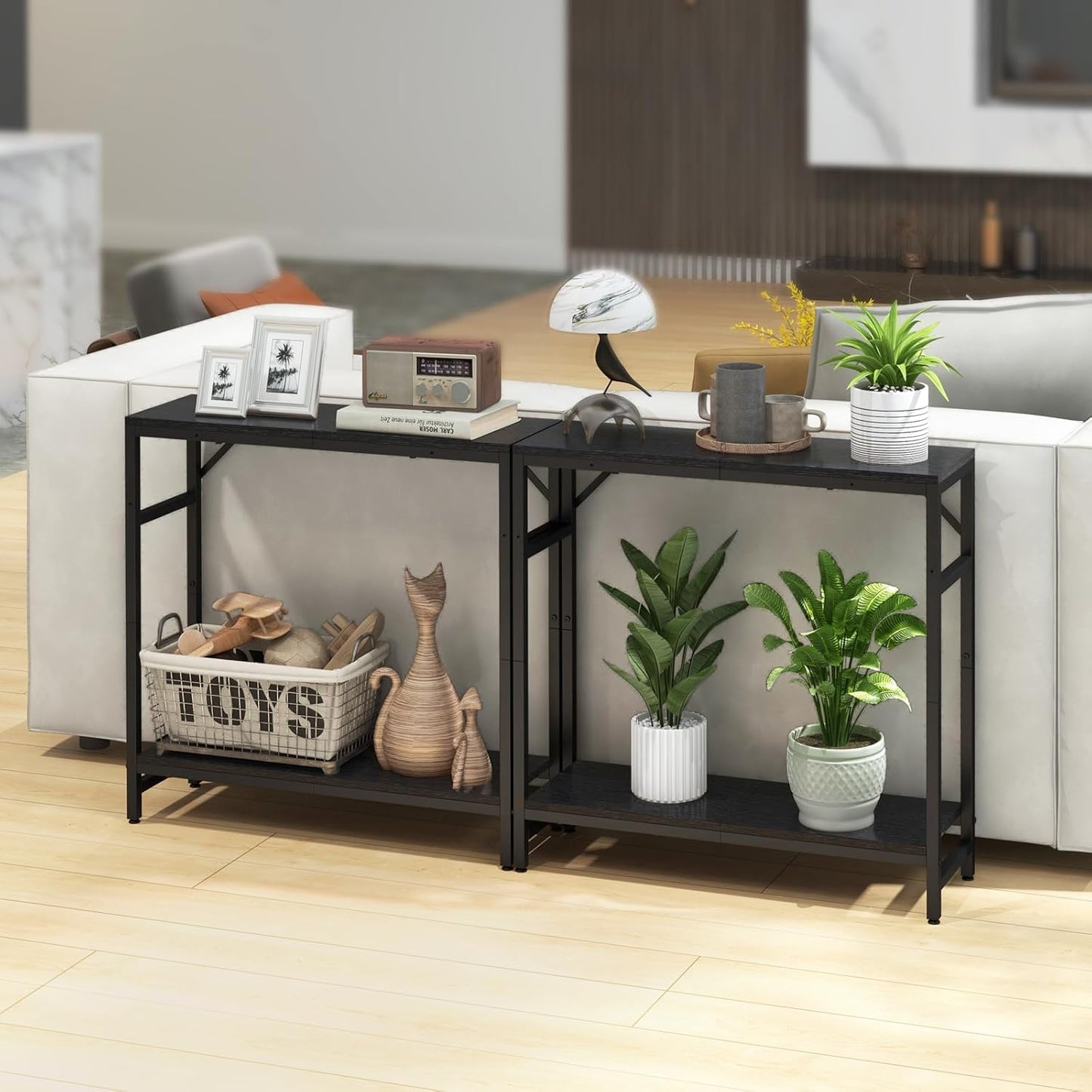 Narrow Console Table for Entryway - 2 Tier, 29.5” Entryway Table with Shelf, Industrial Thin Sofa Table with 2 Support Bar, Display Tables for Living Room, Bedroom, Foyer, Black