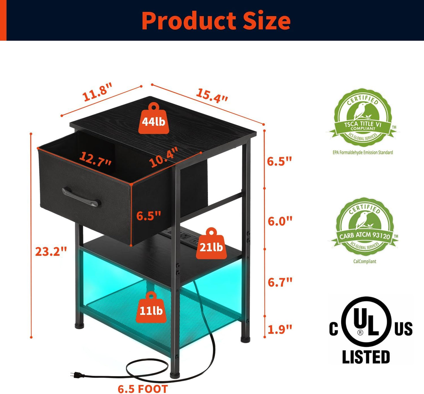 Nightstands Set of 2 with Charging Station and Drawer, End Table Side Table with 20 Colors LED Light Strip and 2 Layers Shelf for Bedroom Living Room Sofa (Black)