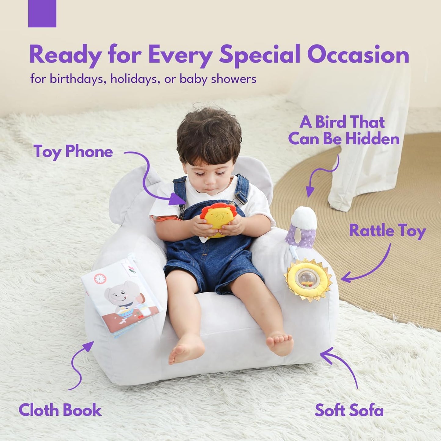 Lovvie & Joy Toddler Sofa Chair, Soft Toddler Kids Chair with Learning Toy Phone,Cloth Book and Rattle Toy,Toddler Chair Couch for Boys and Girls Ages 1+ Years Elephant