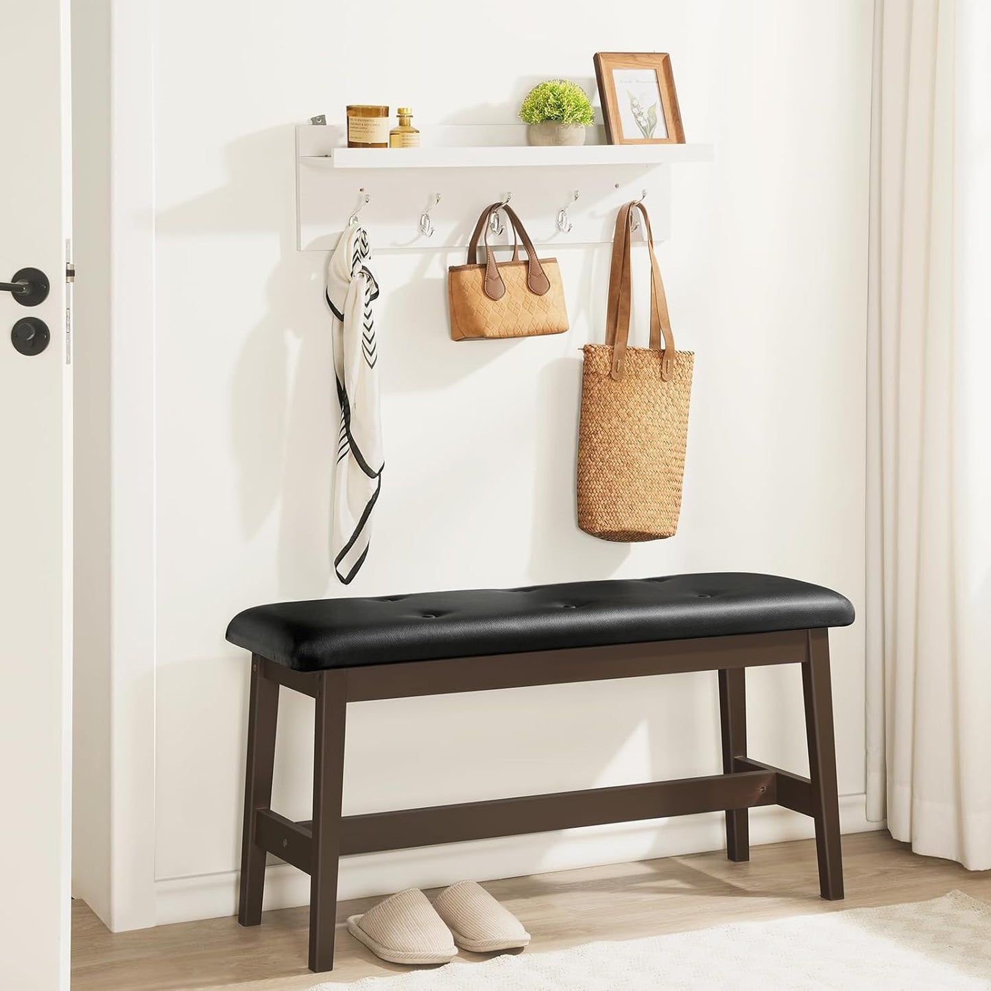 HOOBRO Dining Bench, Bamboo Dining Room Bench with PU Leather Upholstered Seat, for Kitchen, Living Room, Hallway, Kitchen, Entryway, Brown and Black CB13CD01