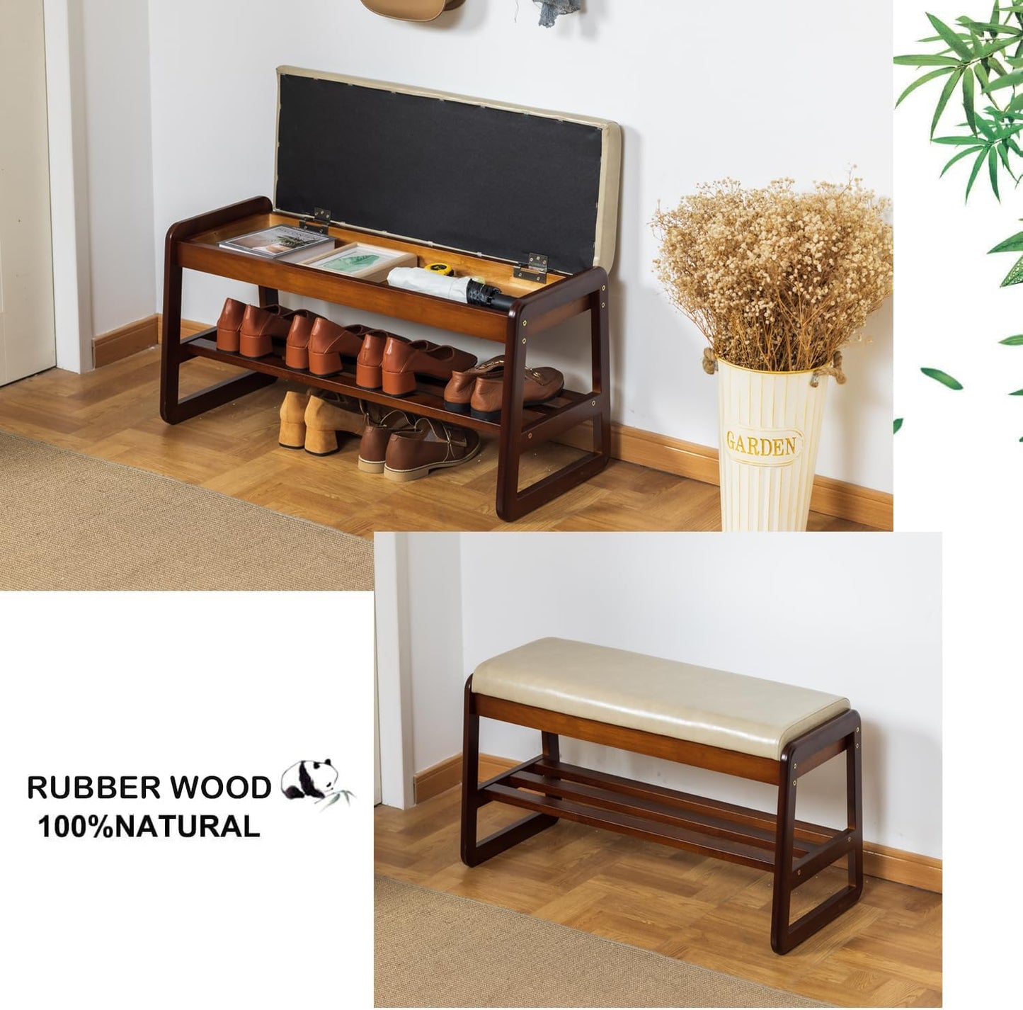 latifolia Solid Wood Bench, Entryway Shoe Bench with Cushion, Flip-Open Storage Compartment, 2-Tier Shoe Organizer(Grey,31.50''L)