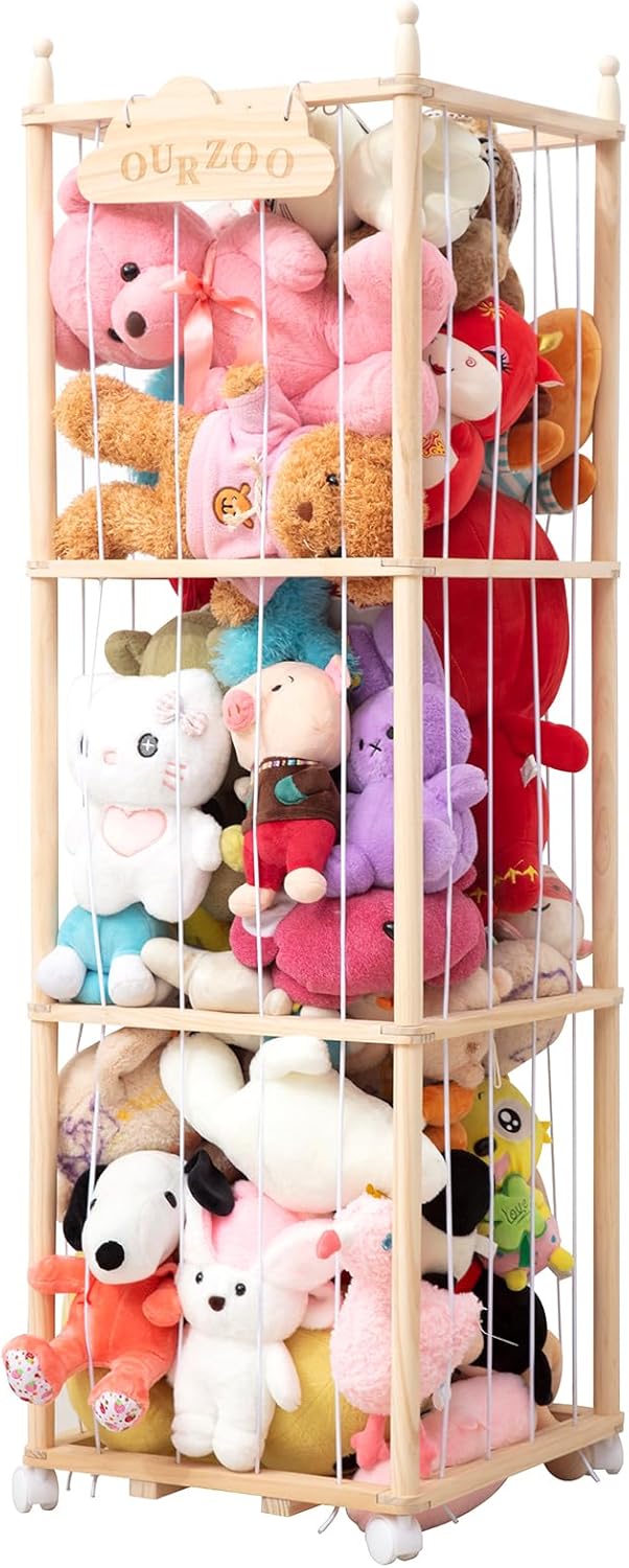 Stuffed Animal Storage Organizer, Zoo Toy Storage Holder with Wheels, Extra Large Capacity Wooden Stuffed Animals Storage Cage, Soft Toy Stuffed Animal Holder Tower for Nursery Playroom Bedroom