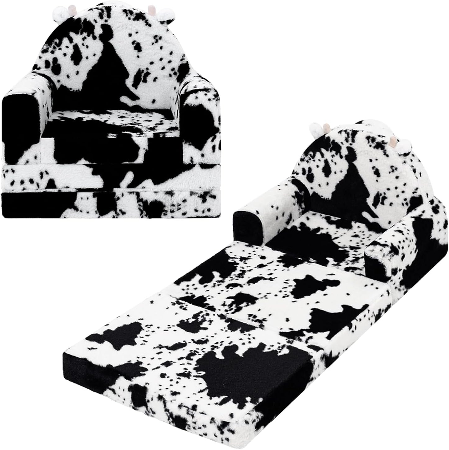 2-in-1 Toddler Chair and Couch – Soft Faux Rabbit Fur, Cow Pattern Design, Fold Out Seat for Reading & Nap, Ages 1–3