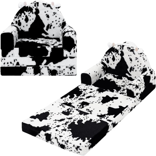 2-in-1 Toddler Chair and Couch – Soft Faux Rabbit Fur, Cow Pattern Design, Fold Out Seat for Reading & Nap, Ages 1–3