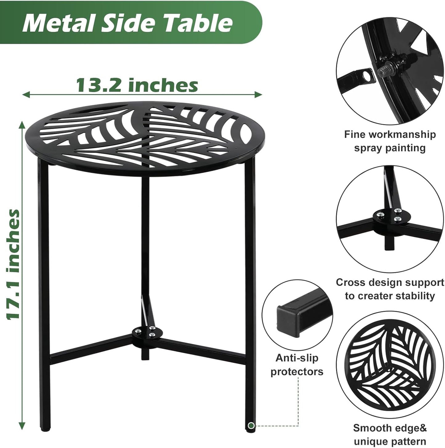 Party Zealot 1 Pack 13" Metal Outdoor Side Tables Small Black Outside End Table for Patio Round Accent Corner Stand for Small Spaces Weather-Resistant Coffee Table for Balcony Porch Plant Stand, Leaf