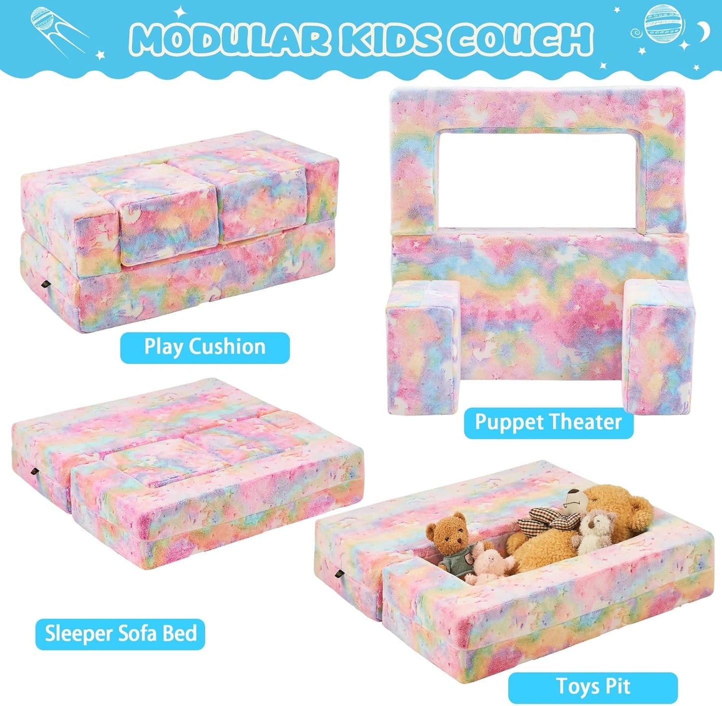 Modular Kids Couch, Glow in The Dark Sofa 3 in 1 Fold Out Kids Sofa with Washable and Durable Covers for Boys, Rainbow Unicorn