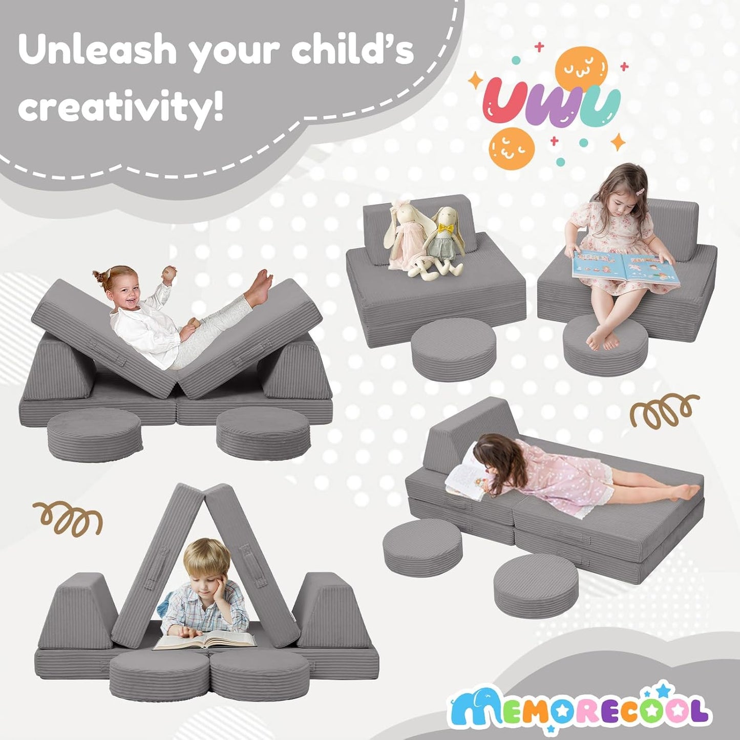 MeMoreCool Kids Couch for Playroom, Corduroy Convertible Toddler Couch, 8 Piece Modular Play Sofa, Foam Fort Building Set for Child Room Furniture, Light Grey