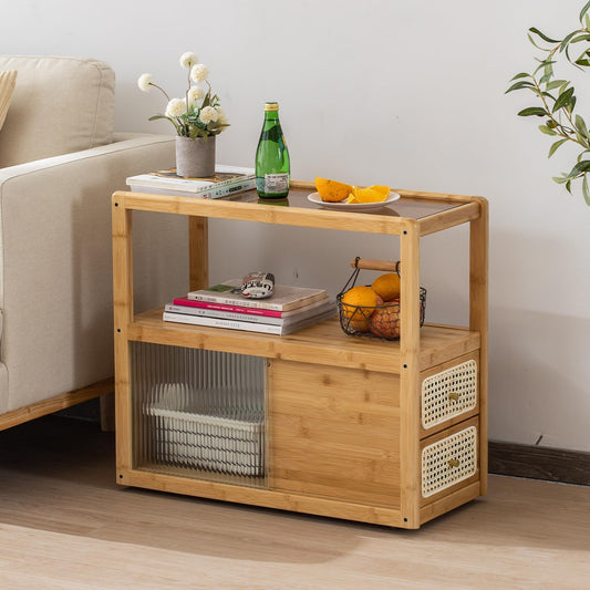 Bamboo Side Table Nightstand with Rattan Drawer & Glass Top – Multi-Function End Table, Nightstands with Storage for Bedroom, Living Room, and Small Spaces, Nature