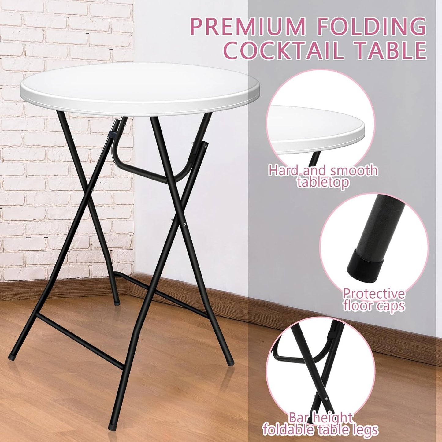 Wenqik 2 Sets 32" High Top Round Folding Cocktail Tables White Bar Height with Removable Legs & 32"x43" Spandex Stretch Table Covers (Pink)
