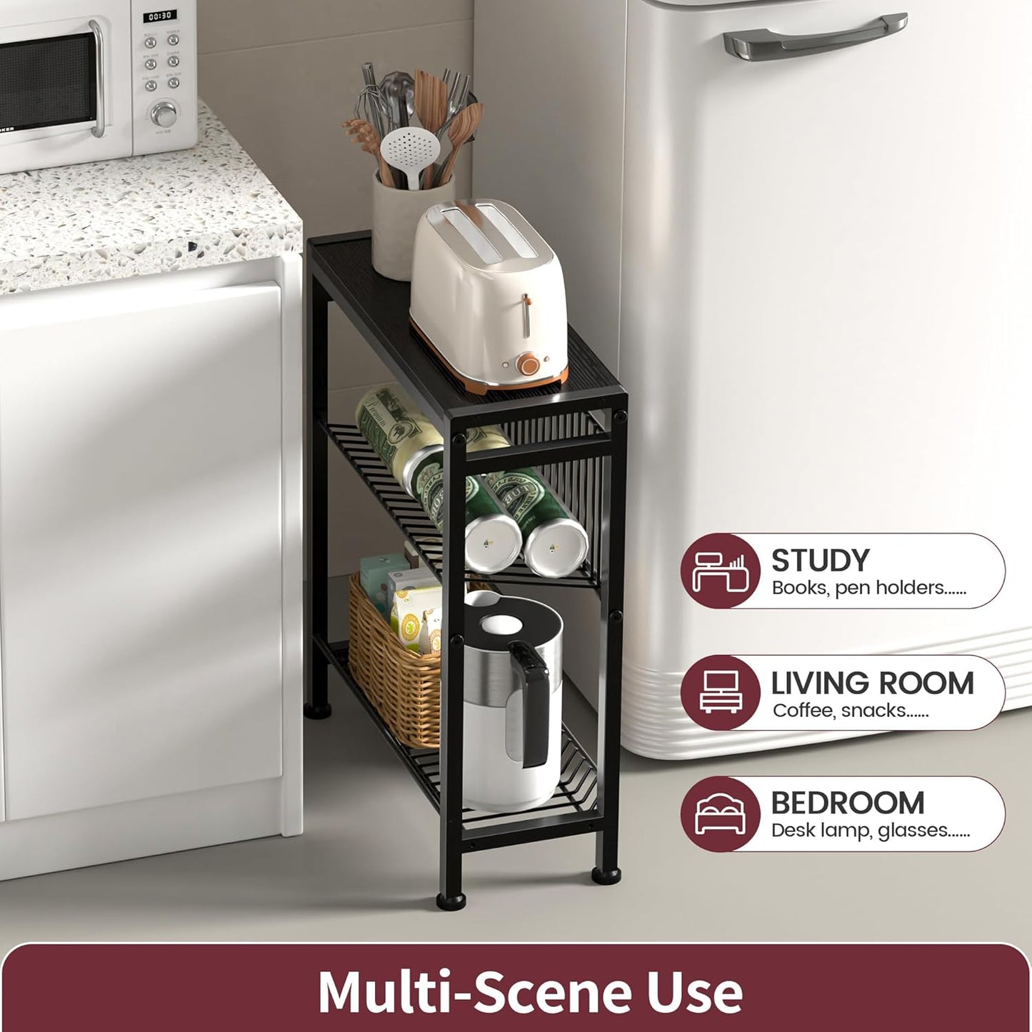 Narrow Side Table for Small Space, 3-Tier End Table with Magazine Holder, Slim Nightstand with Wire Shelf, Skinny Bedside Table in Living Room, Bedroom, Study, Kitchen and Balcony (Black)