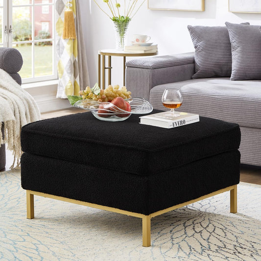 24KF Large Square Couch Ottoman for Living Room, Upholstered Teddy Fabric Padded Cushion Ottoman Table,Large Foot Rest,5088-Teddy Black