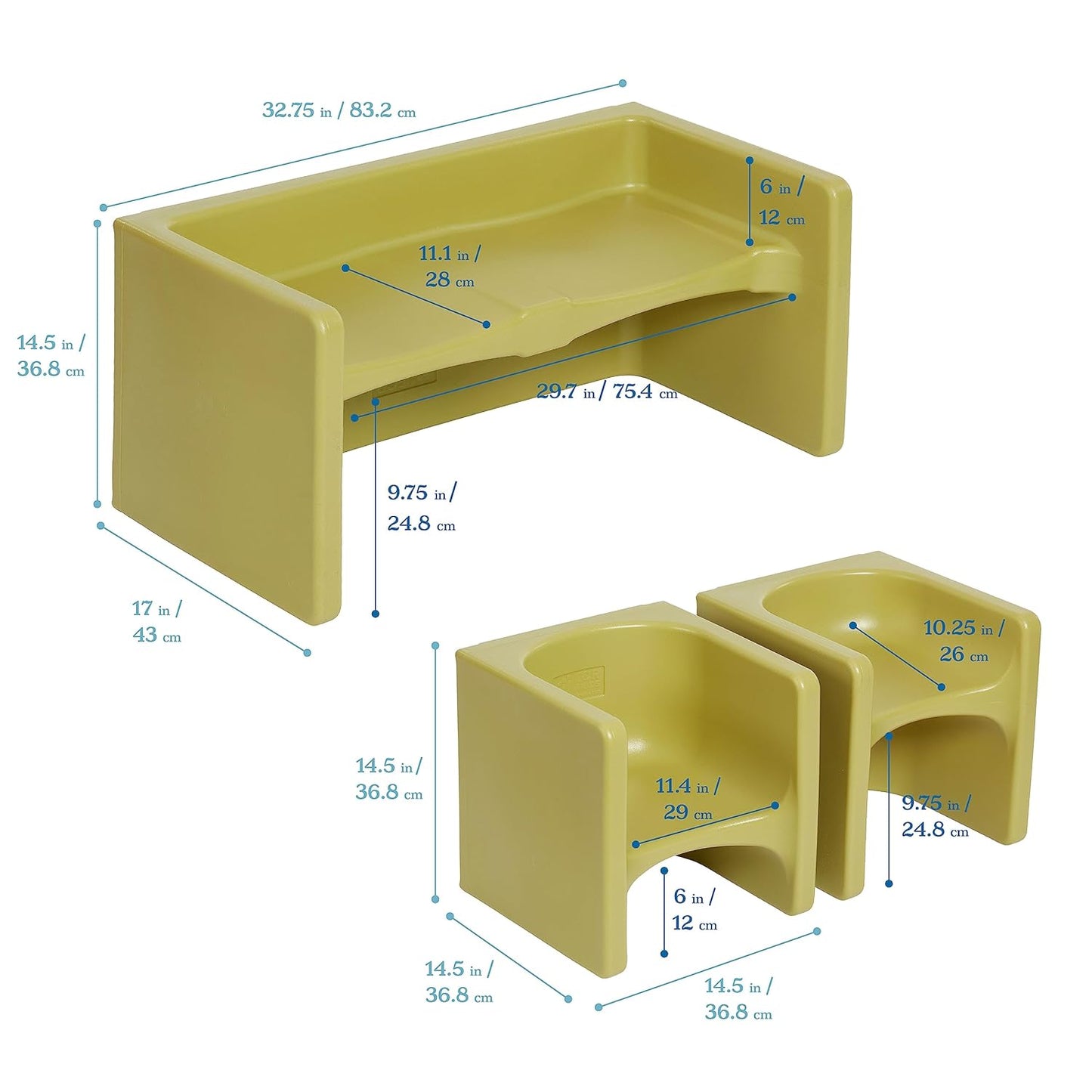 ECR4Kids Tri-Me Table and Cube Chair Set, Multipurpose Furniture, Fern Green, 3-Piece