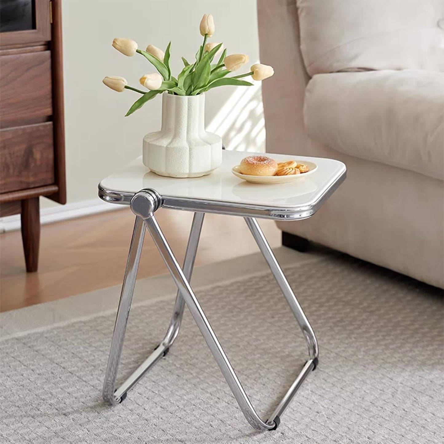 16.2" × 14.1" Acrylic Folding Table, Small Lightweight End Table for Living Room, Bedroom and Small Room, Sturdy Metal Frame with No Assembly Required, Space-Saving Storage Design (White)