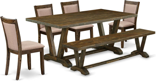 East West Furniture V777MZ716-6 6 Piece Dining Table Set Contains a Rectangle Dining Room Table with V-Legs and 4 Dark Khaki Linen Fabric Parson Chairs with a Bench, 40x72 Inch, Multi-Color