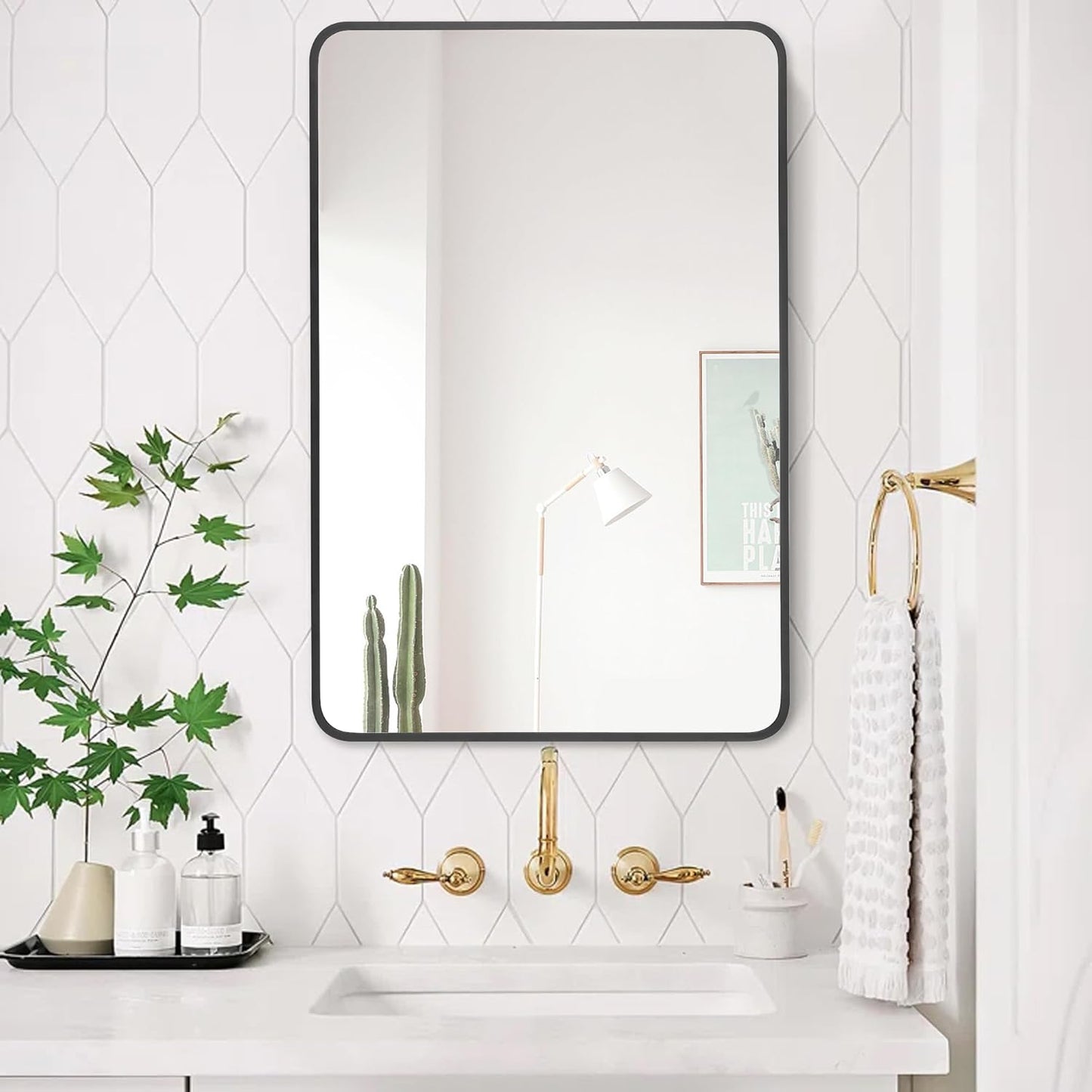 24"x36" Bathroom Wall Mirror with Matte Black Metal Frame & HD Glass, Copper-Free Mirrors Modern Rectangle Round Corner Framed Vanity Mirror - Horizontal or Vertical Installation