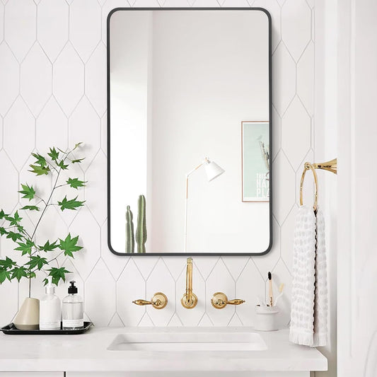 24"x36" Bathroom Wall Mirror with Matte Black Metal Frame & HD Glass, Copper-Free Mirrors Modern Rectangle Round Corner Framed Vanity Mirror - Horizontal or Vertical Installation