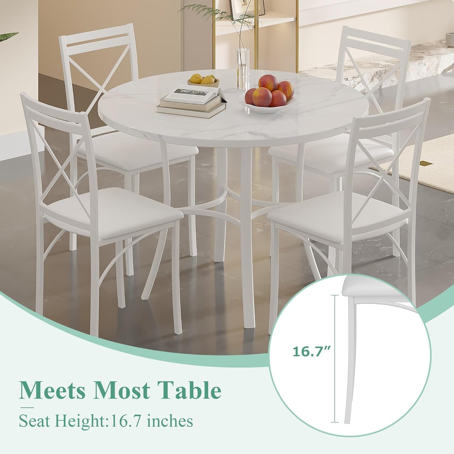 VECELO Metal Dining Chairs Set of 4, Steel Legs and PU Leather Cushion Seats for Kitchen, Living Room, White