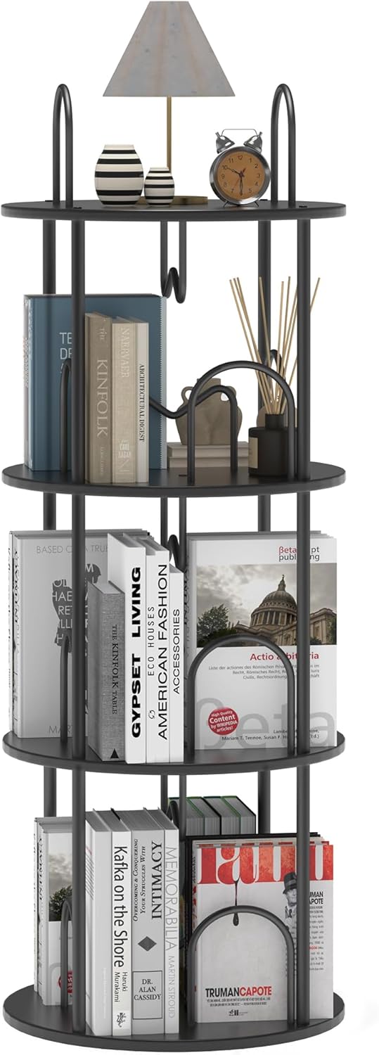 3 Tier Rotating Bookshelf, 360° Spinning Bookshelf Tower, Round Narrow Space Saving for Books and Display, Revolving Bookcase Corner Tall Book Shelf for Small Spaces, Bedroom, Living Room, Black+Black