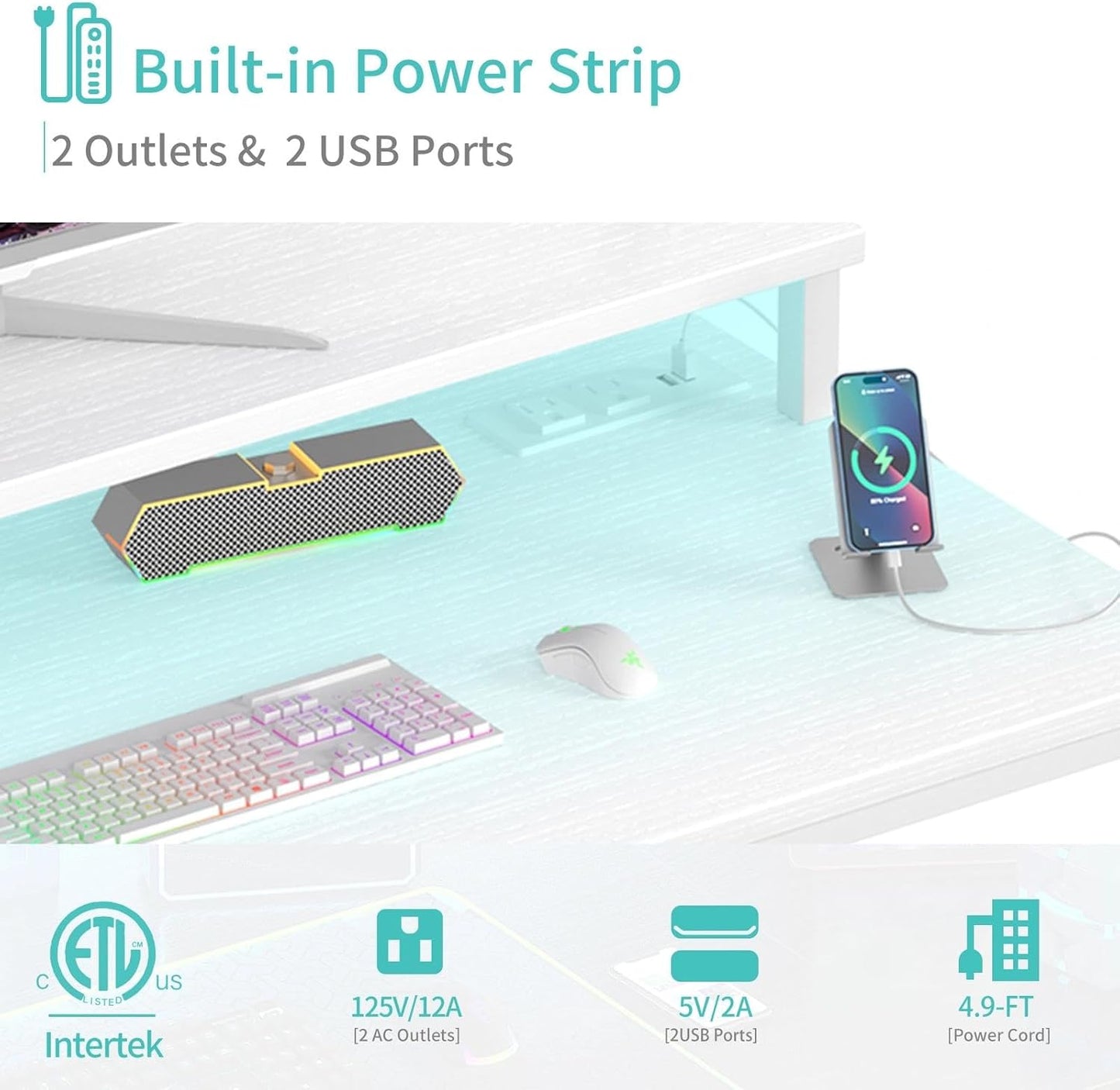 Lufeiya Small White Desk with LED Lights and Power Outlets, 32 Inch Home Office Computer Desks with Monitor Stand, Teen Writing Study Table Gaming Desk with Charging Station, White