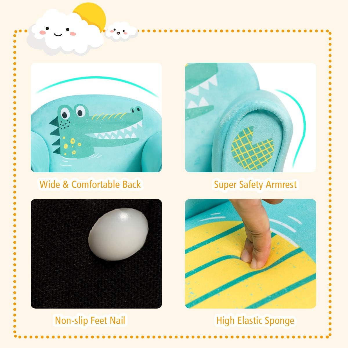 Costzon Kids Couch, Children's Sofa Armrest Chair with Pattern, Toddler Furniture w/Sturdy Wood Construction, Preschool, Lightweight Kids Couch Sofa Chair for Aged 1-5 Boys & Girls Gifts, Crocodile